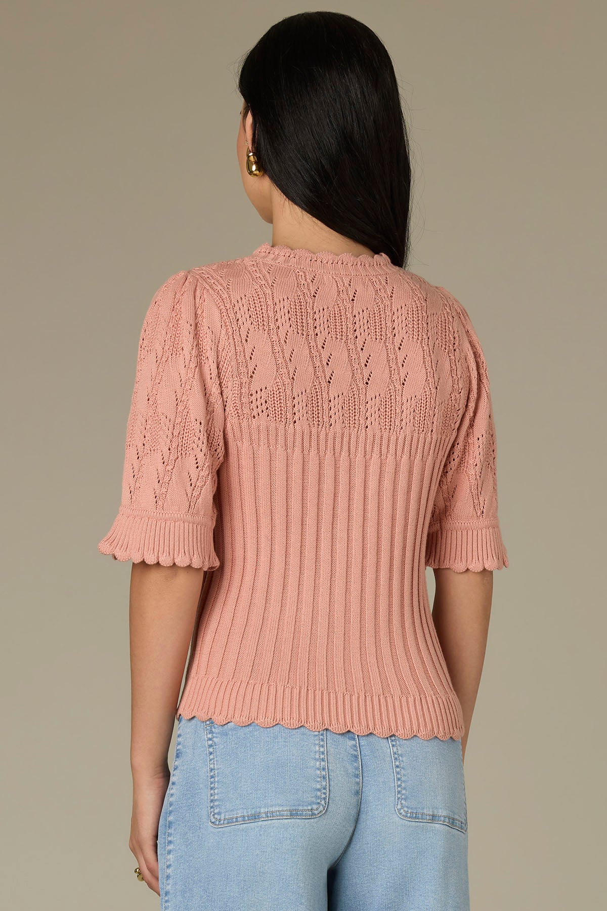 Above Elbow Flounce Sleeve Round Neck Mixed Stitch Sweater - Image 10