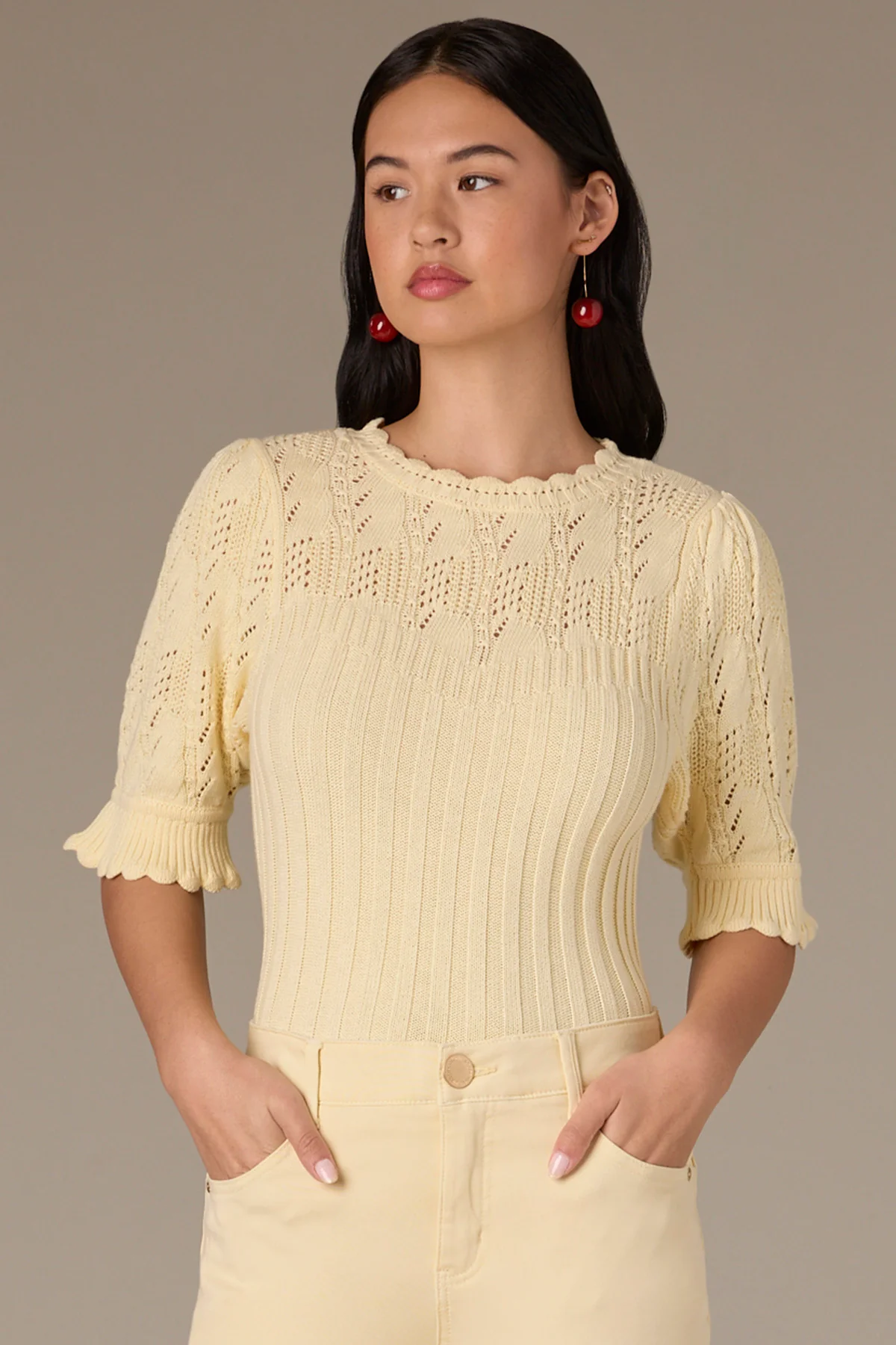 Above Elbow Flounce Sleeve Round Neck Mixed Stitch Sweater - Image 11