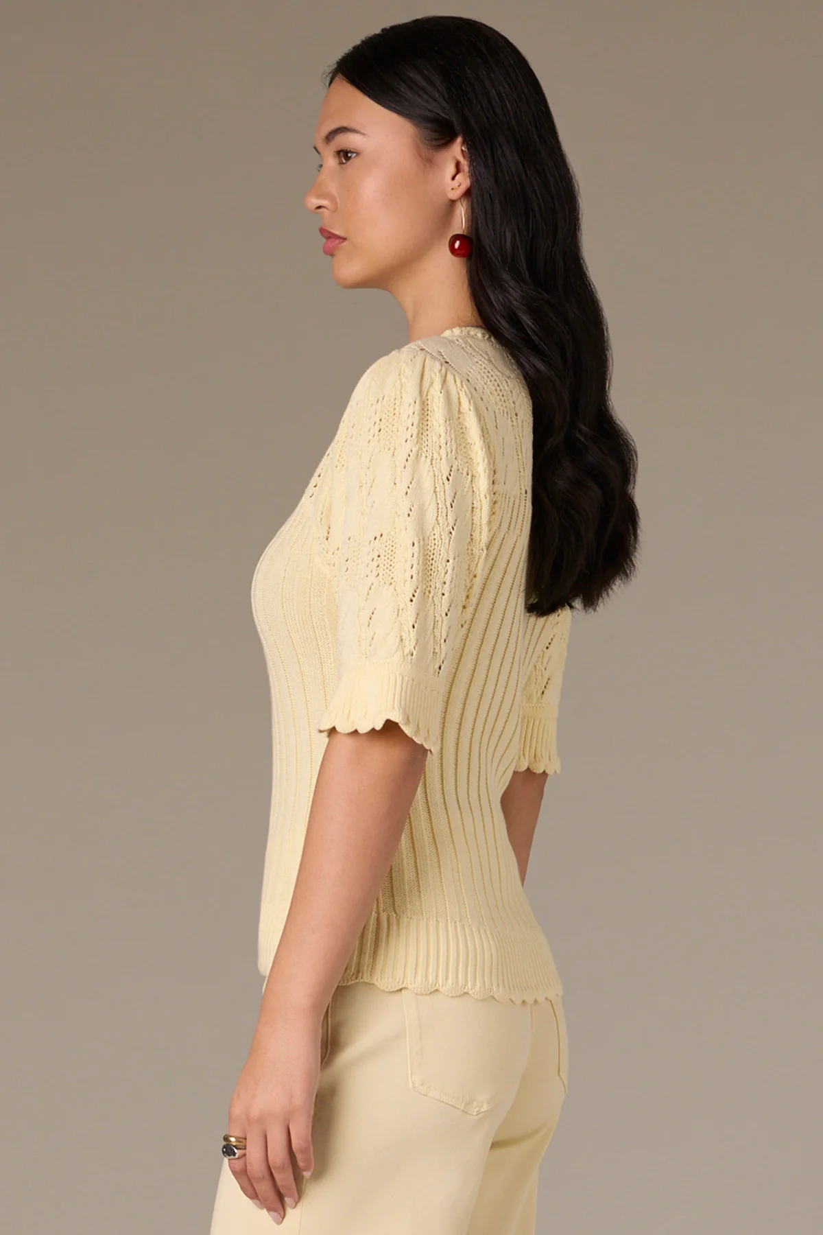 Above Elbow Flounce Sleeve Round Neck Mixed Stitch Sweater - Image 14