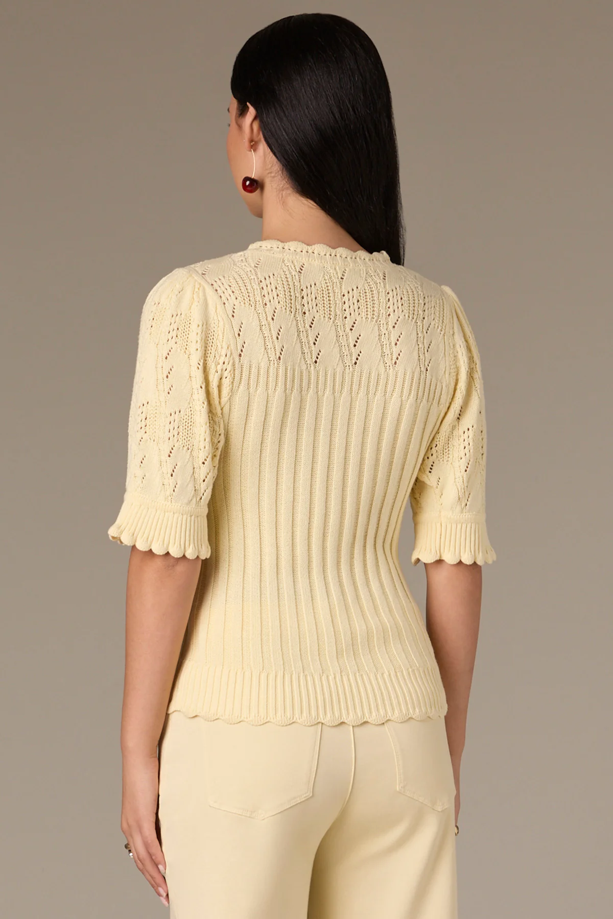 Above Elbow Flounce Sleeve Round Neck Mixed Stitch Sweater - Image 15