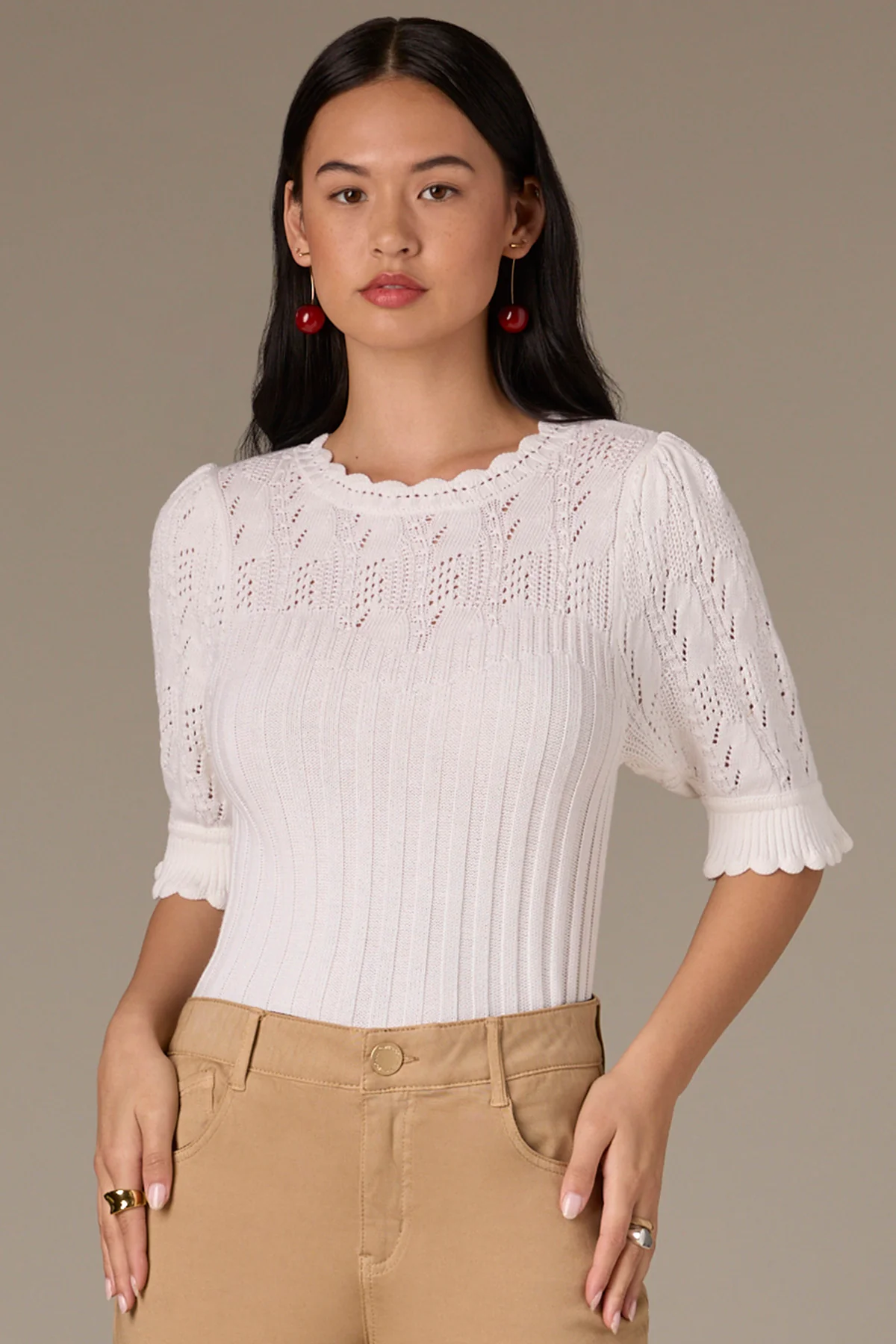 Above Elbow Flounce Sleeve Round Neck Mixed Stitch Sweater - Image 16