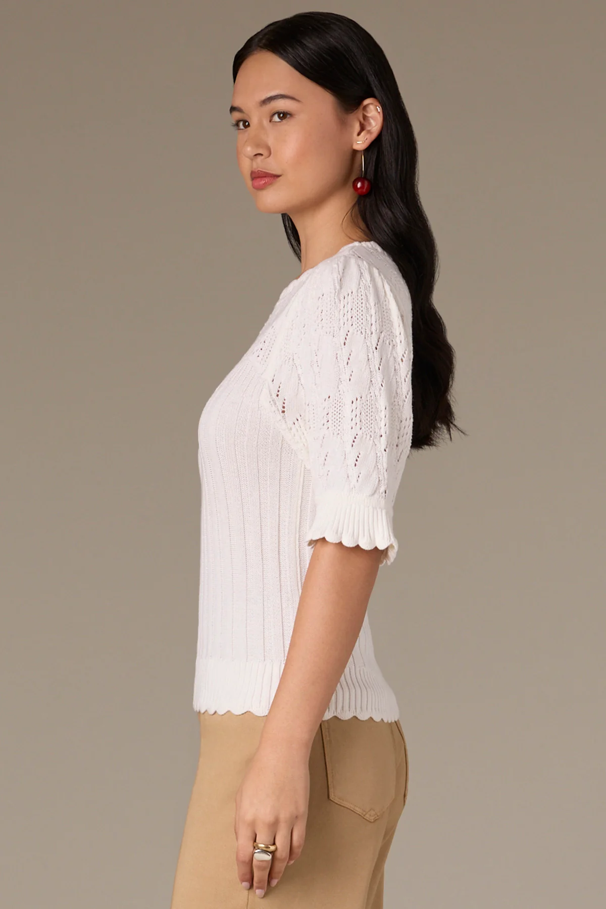 Above Elbow Flounce Sleeve Round Neck Mixed Stitch Sweater - Image 18