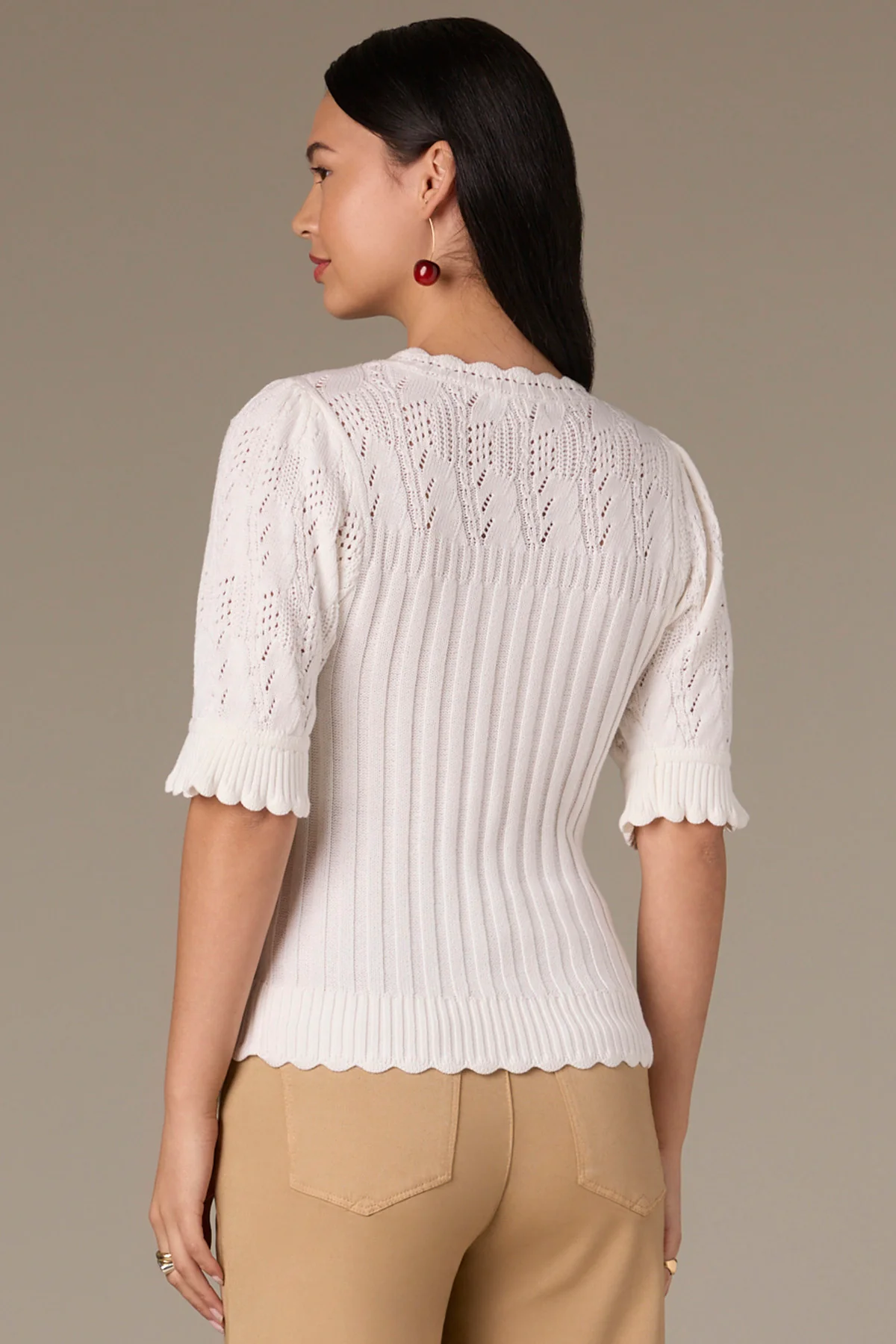 Above Elbow Flounce Sleeve Round Neck Mixed Stitch Sweater - Image 19