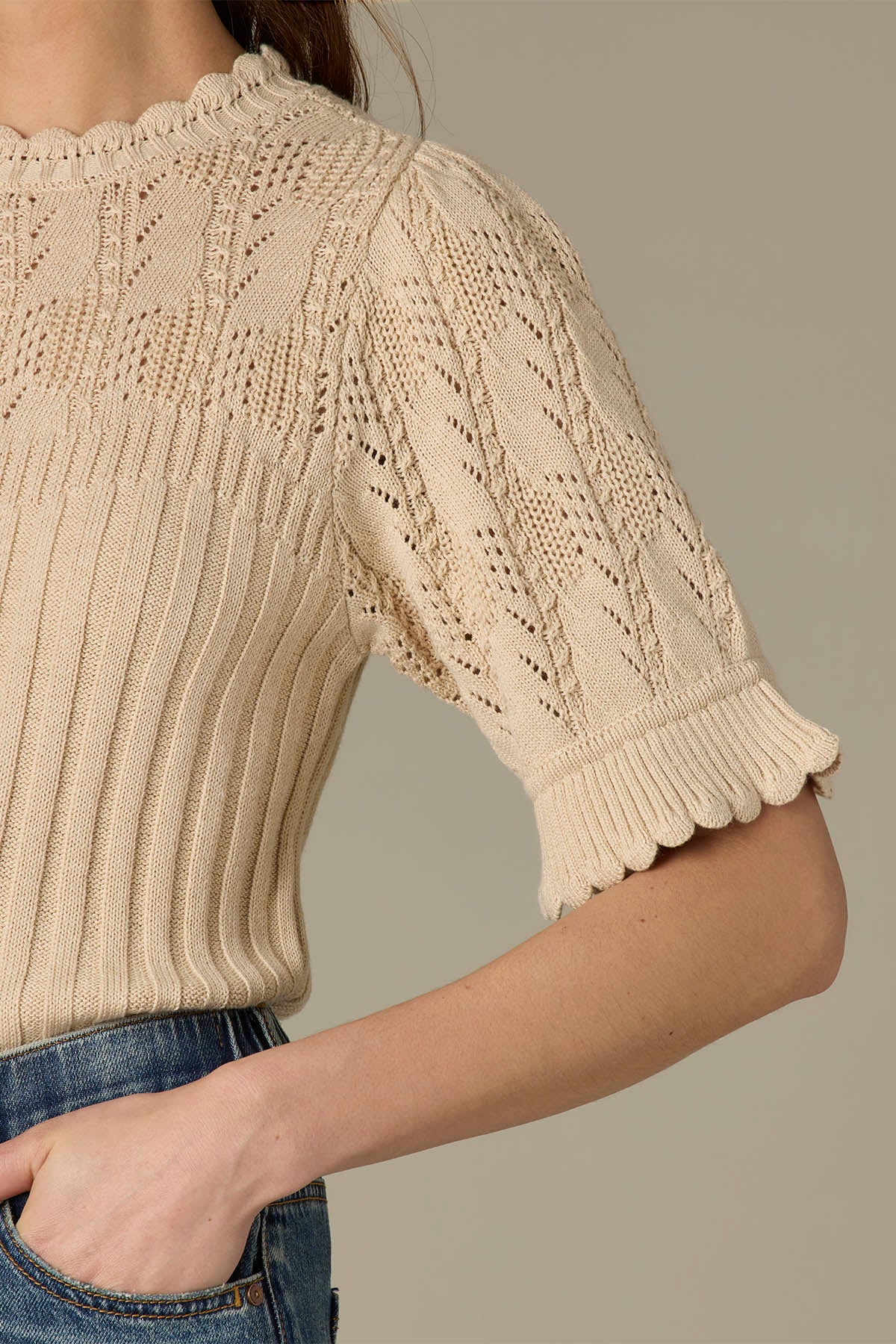 Above Elbow Flounce Sleeve Round Neck Mixed Stitch Sweater - Image 3
