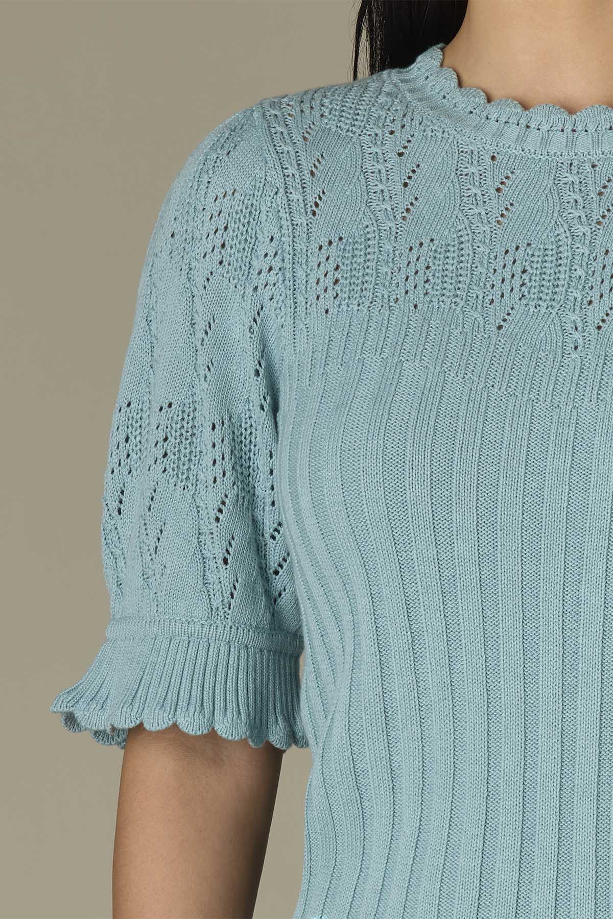 Above Elbow Flounce Sleeve Round Neck Mixed Stitch Sweater - Image 6