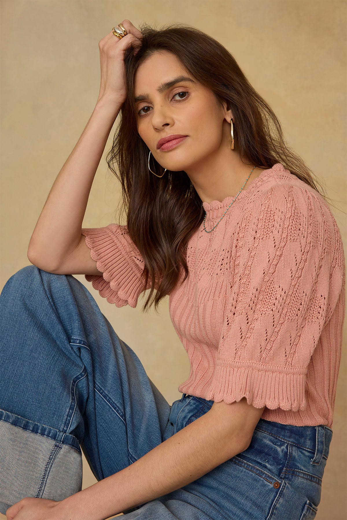 Above Elbow Flounce Sleeve Round Neck Mixed Stitch Sweater - Image 8