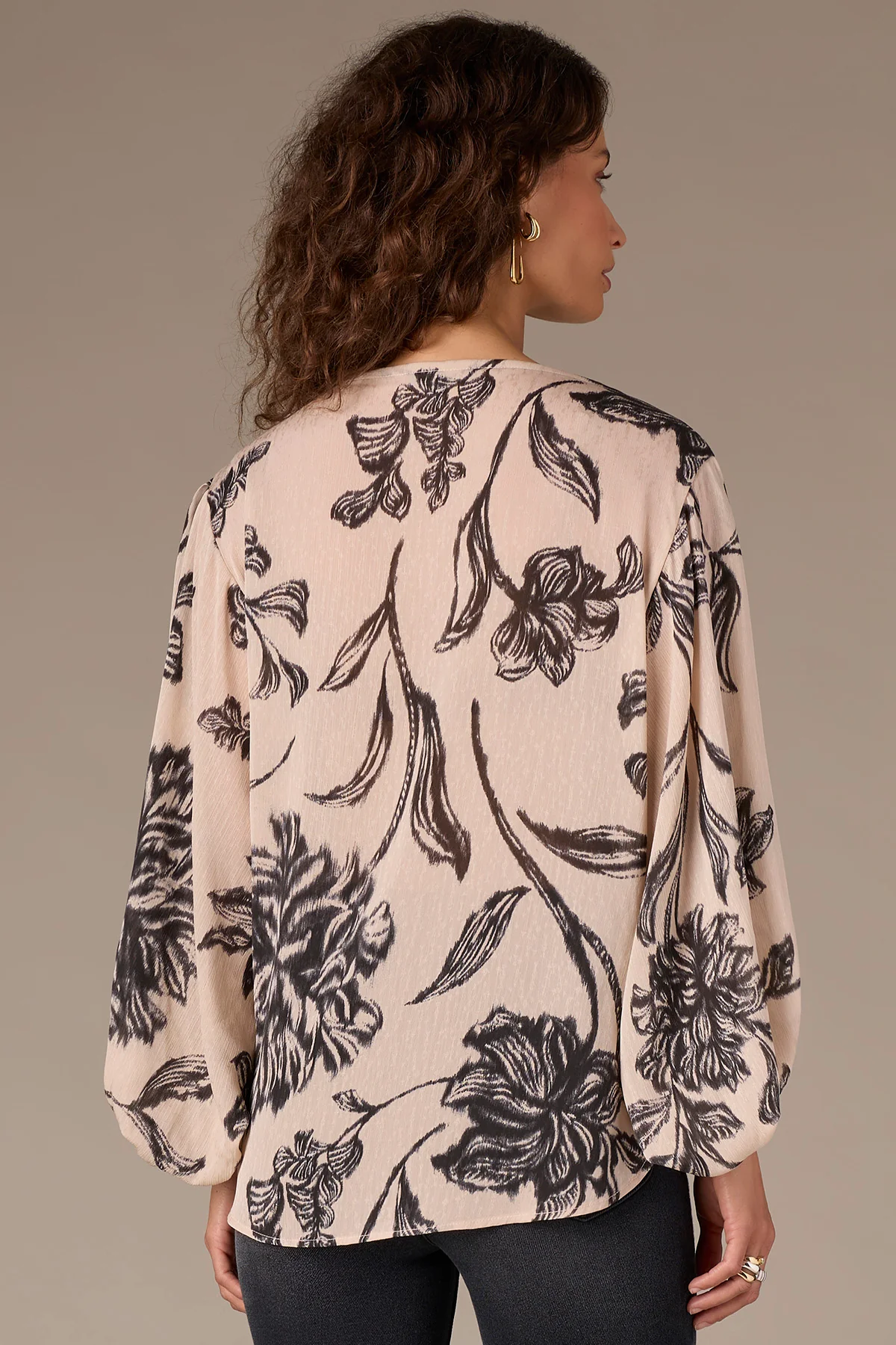 Banded Peasant Sleeve Boat Neck Floral Print Woven Top - Image 4