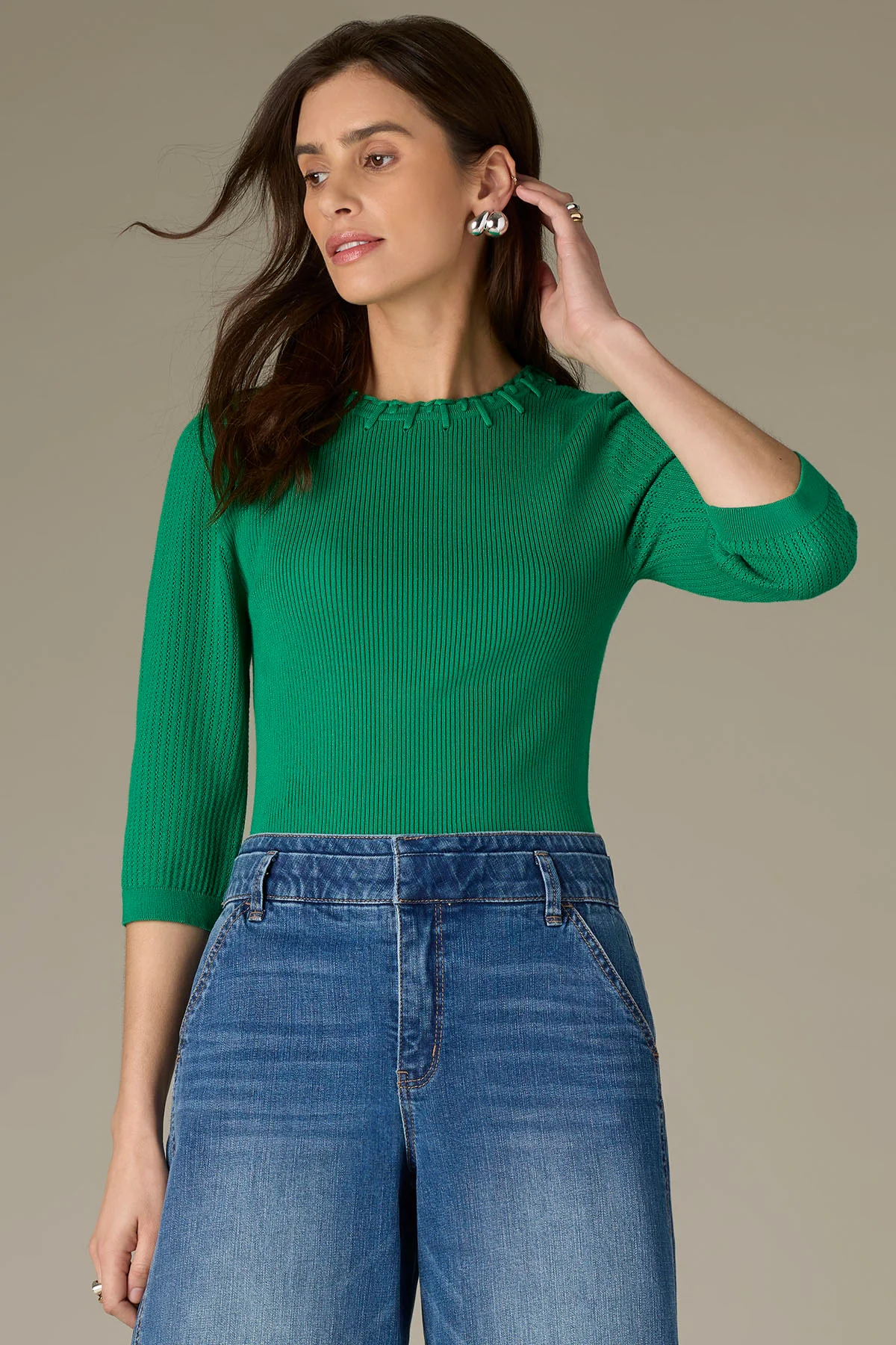 Below Elbow Round Neck Ribbed Sweater with Whipstitch Detail - Image 11
