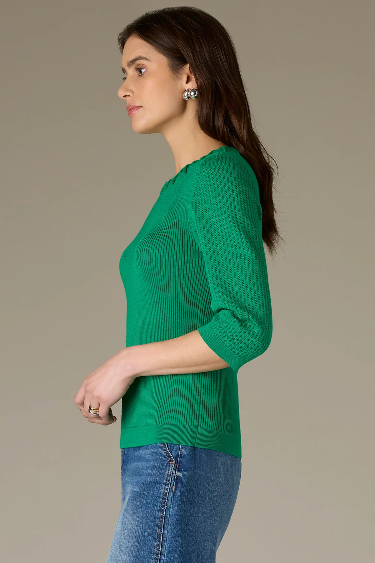 Below Elbow Round Neck Ribbed Sweater with Whipstitch Detail - Image 12