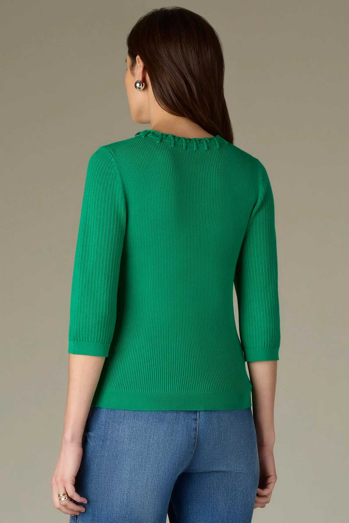 Below Elbow Round Neck Ribbed Sweater with Whipstitch Detail - Image 13