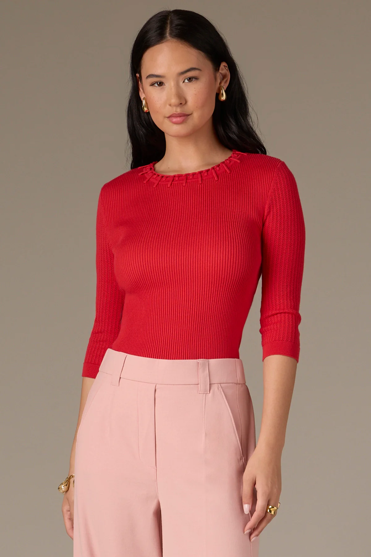 Below Elbow Round Neck Ribbed Sweater with Whipstitch Detail - Image 15