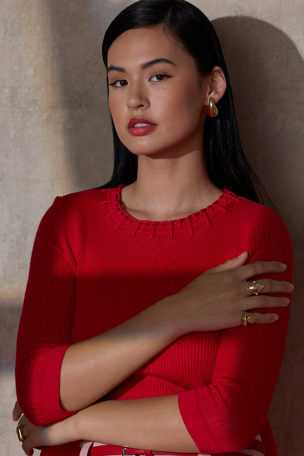 Below Elbow Round Neck Ribbed Sweater with Whipstitch Detail - Image 16