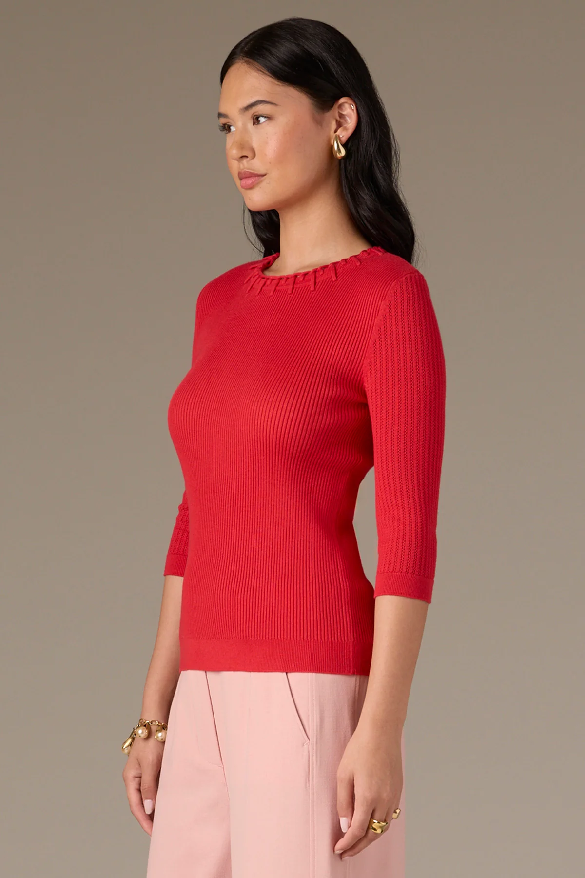 Below Elbow Round Neck Ribbed Sweater with Whipstitch Detail - Image 17