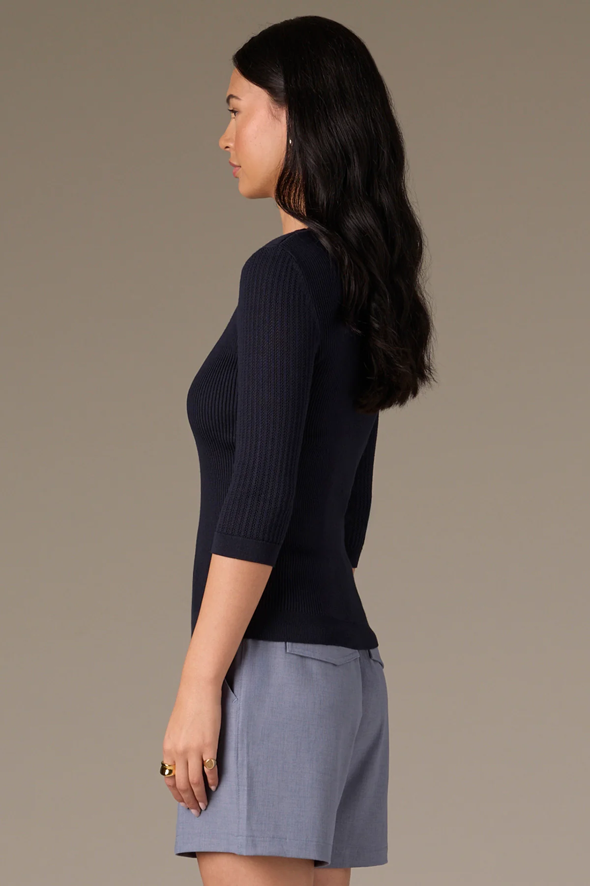 Below Elbow Round Neck Ribbed Sweater with Whipstitch Detail - Image 22