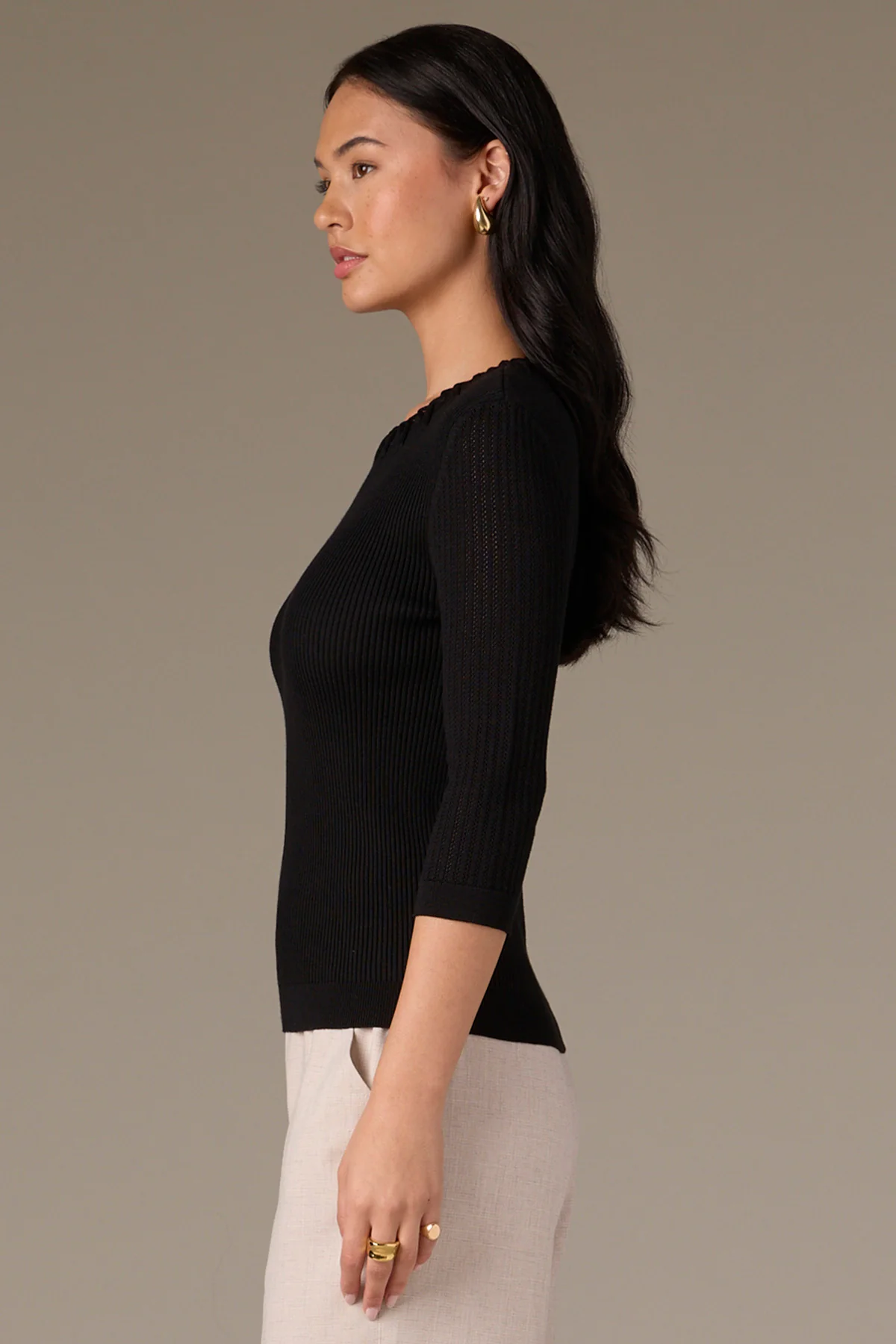 Below Elbow Round Neck Ribbed Sweater with Whipstitch Detail - Image 26