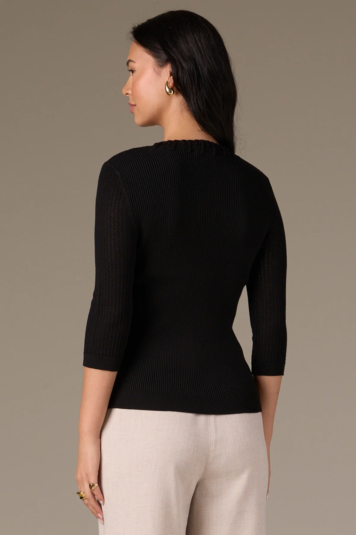 Below Elbow Round Neck Ribbed Sweater with Whipstitch Detail - Image 27