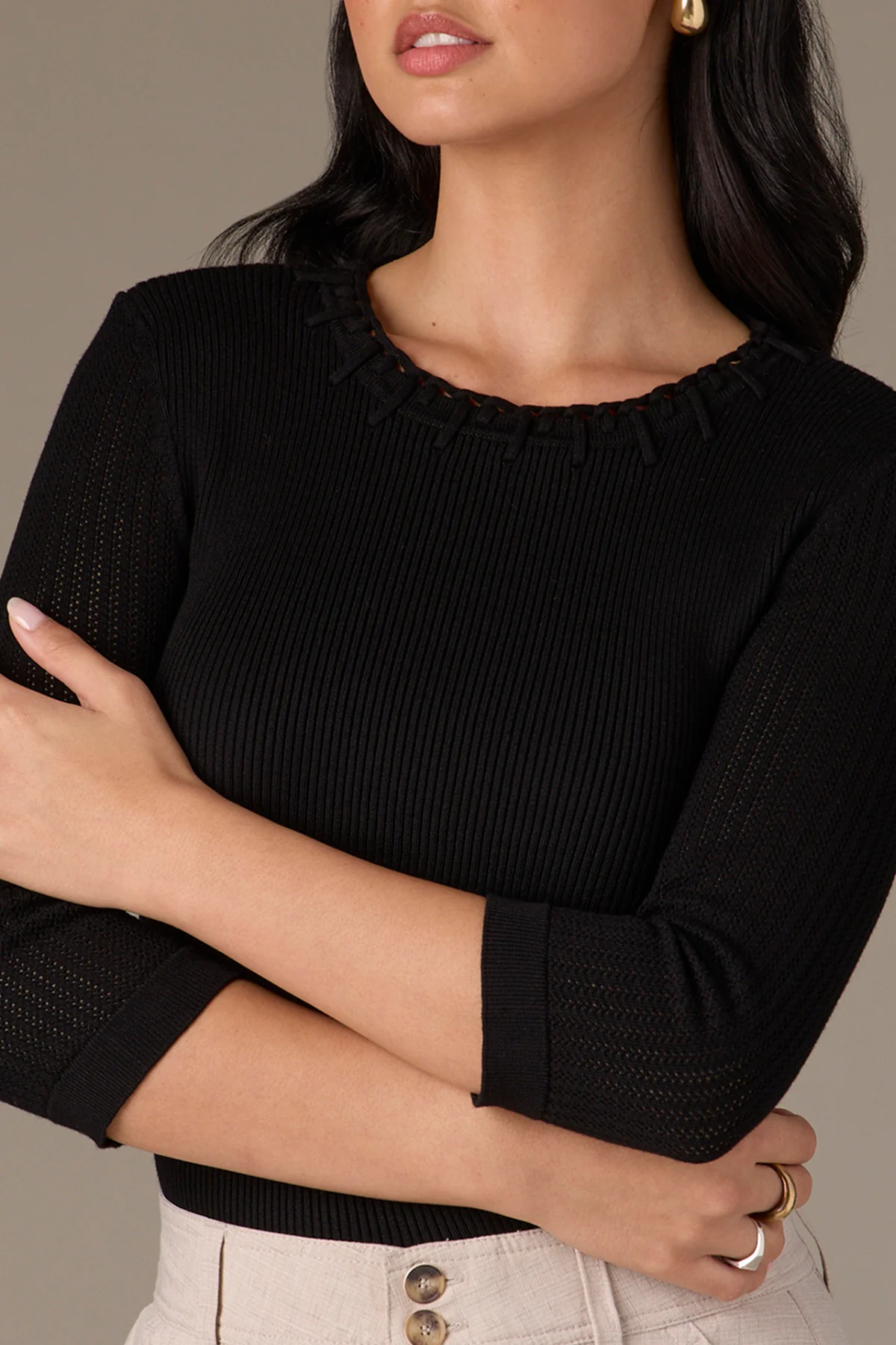 Below Elbow Round Neck Ribbed Sweater with Whipstitch Detail - Image 28