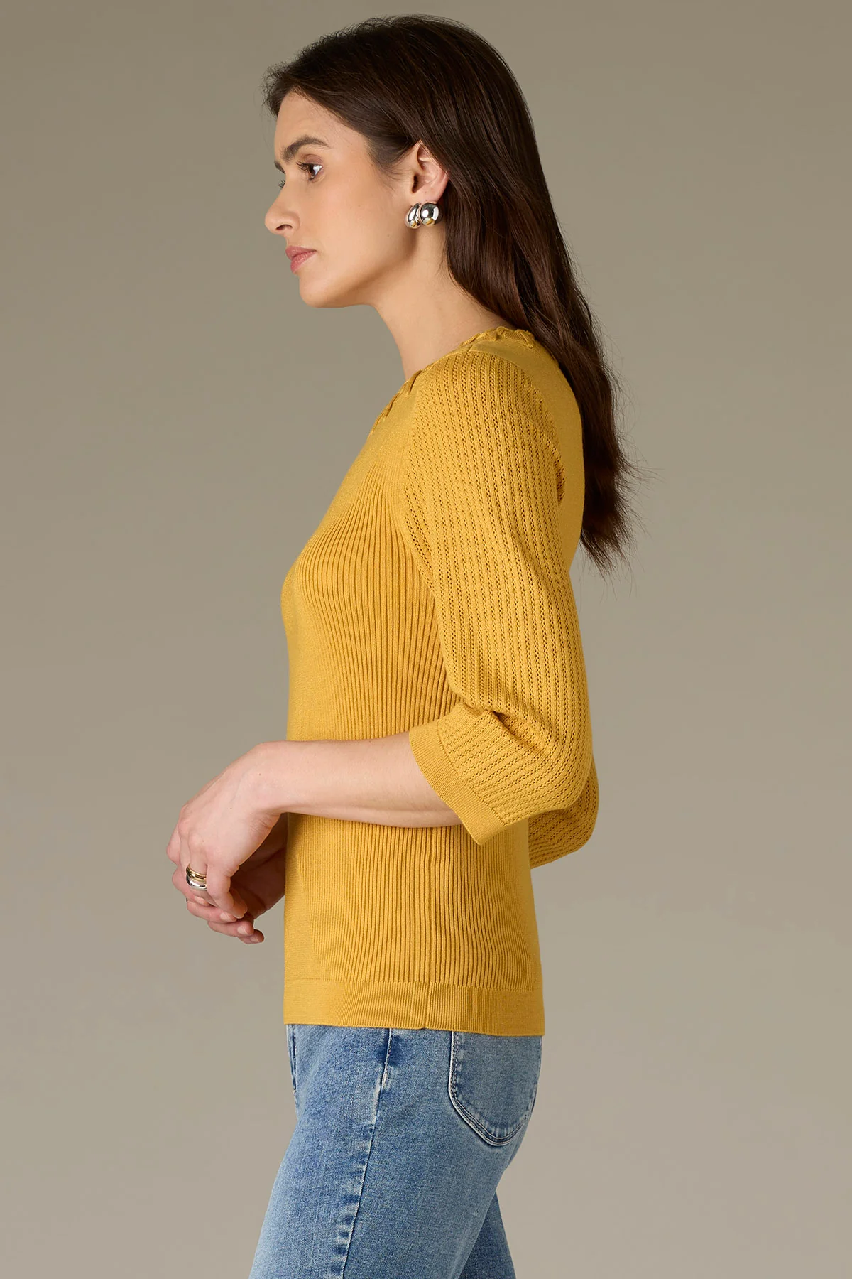 Below Elbow Round Neck Ribbed Sweater with Whipstitch Detail - Image 3