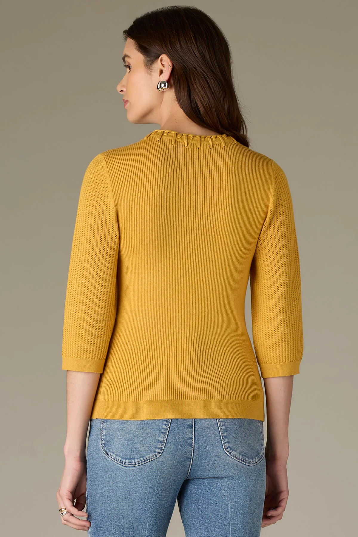 Below Elbow Round Neck Ribbed Sweater with Whipstitch Detail - Image 4
