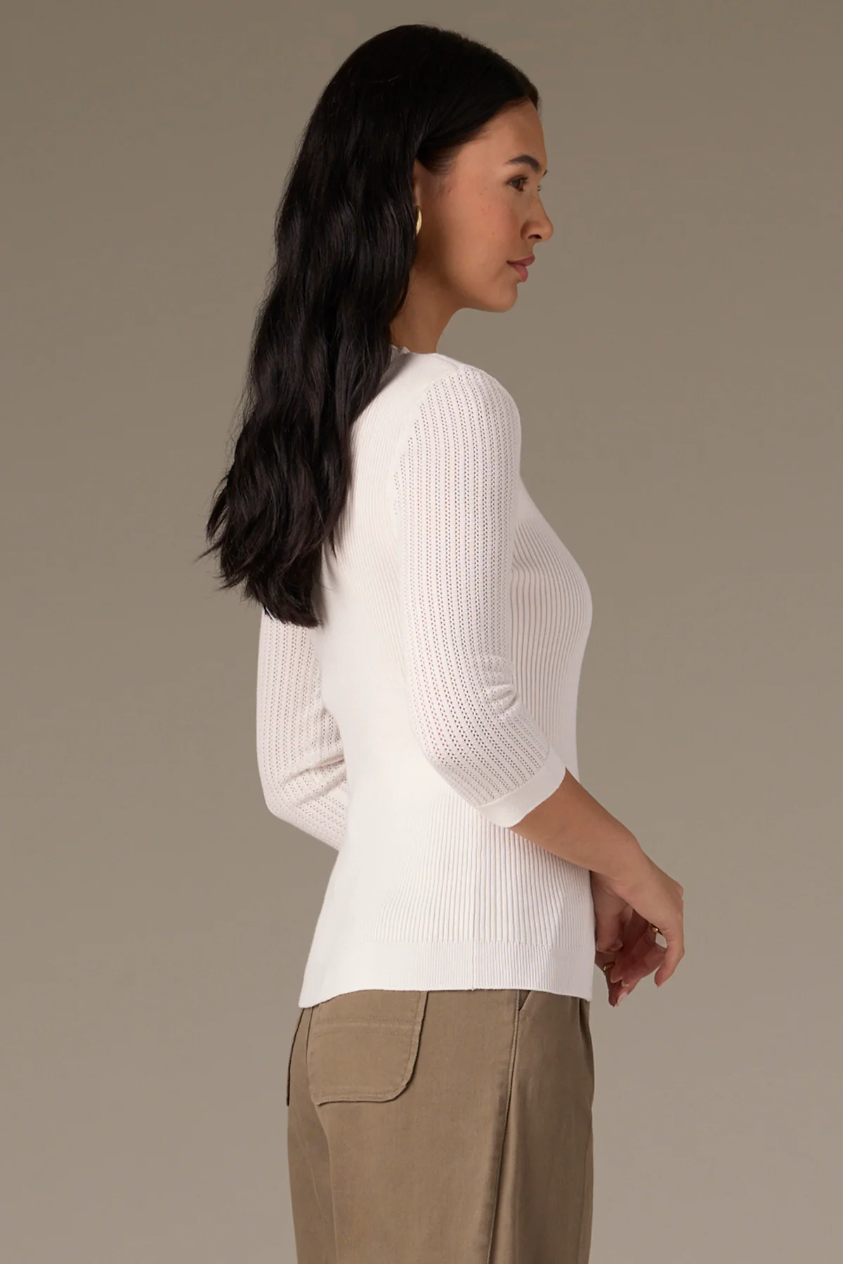 Below Elbow Round Neck Ribbed Sweater with Whipstitch Detail - Image 8