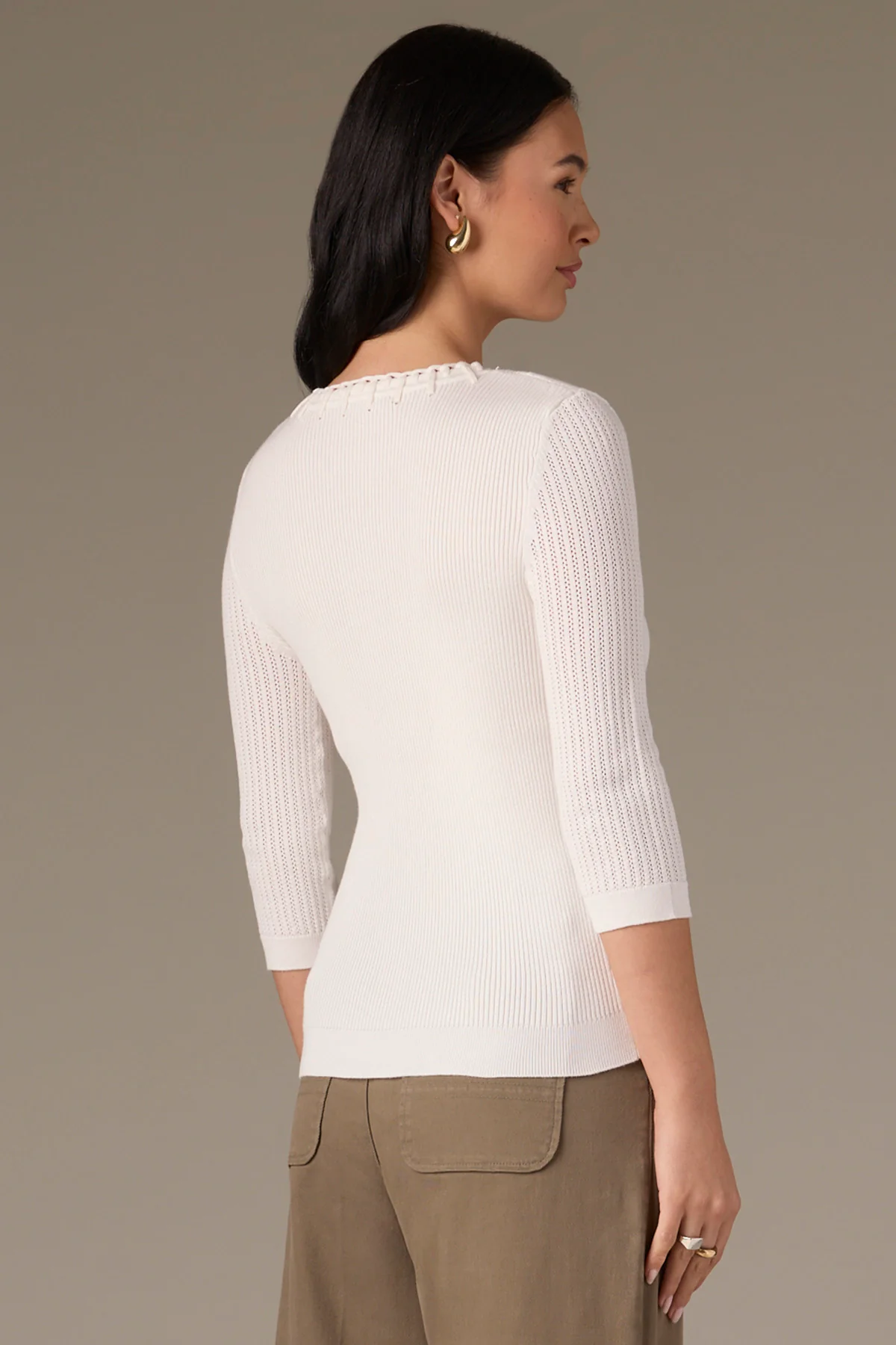 Below Elbow Round Neck Ribbed Sweater with Whipstitch Detail - Image 9