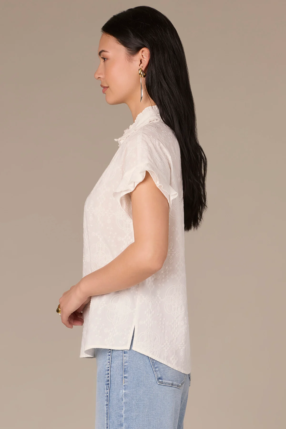 Cap Flutter Sleeve Split Neck Embroidered Woven Top - Image 10