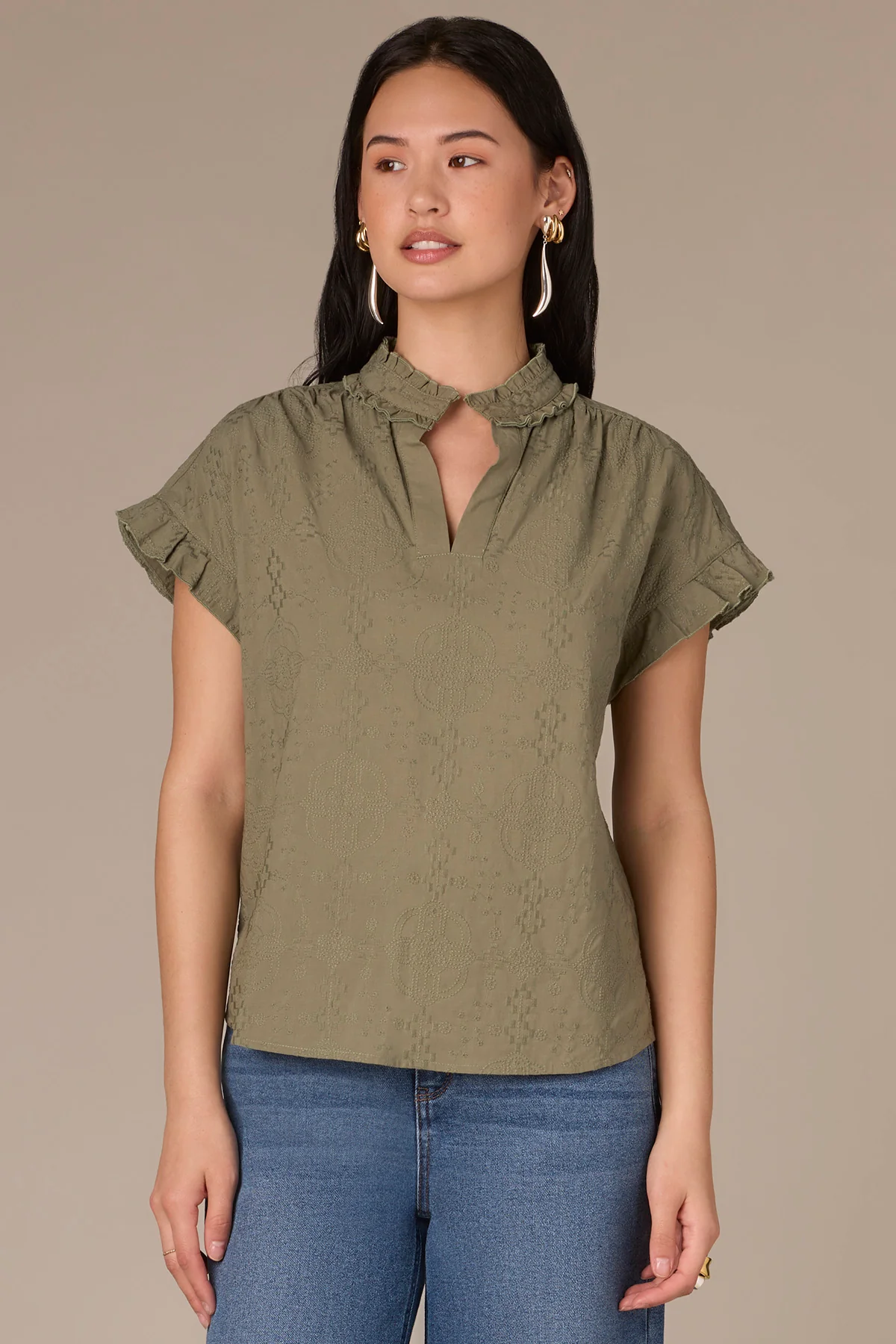 Cap Flutter Sleeve Split Neck Embroidered Woven Top - Image 12
