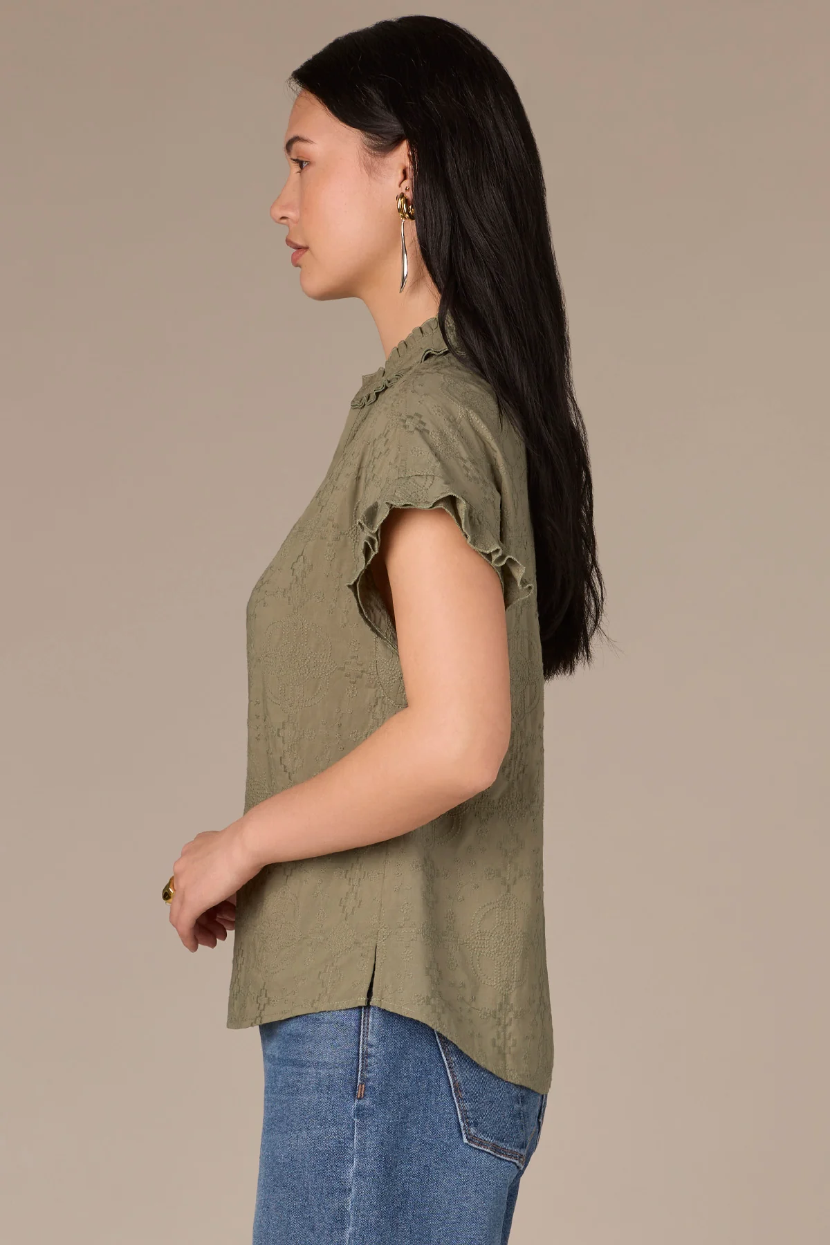 Cap Flutter Sleeve Split Neck Embroidered Woven Top - Image 13