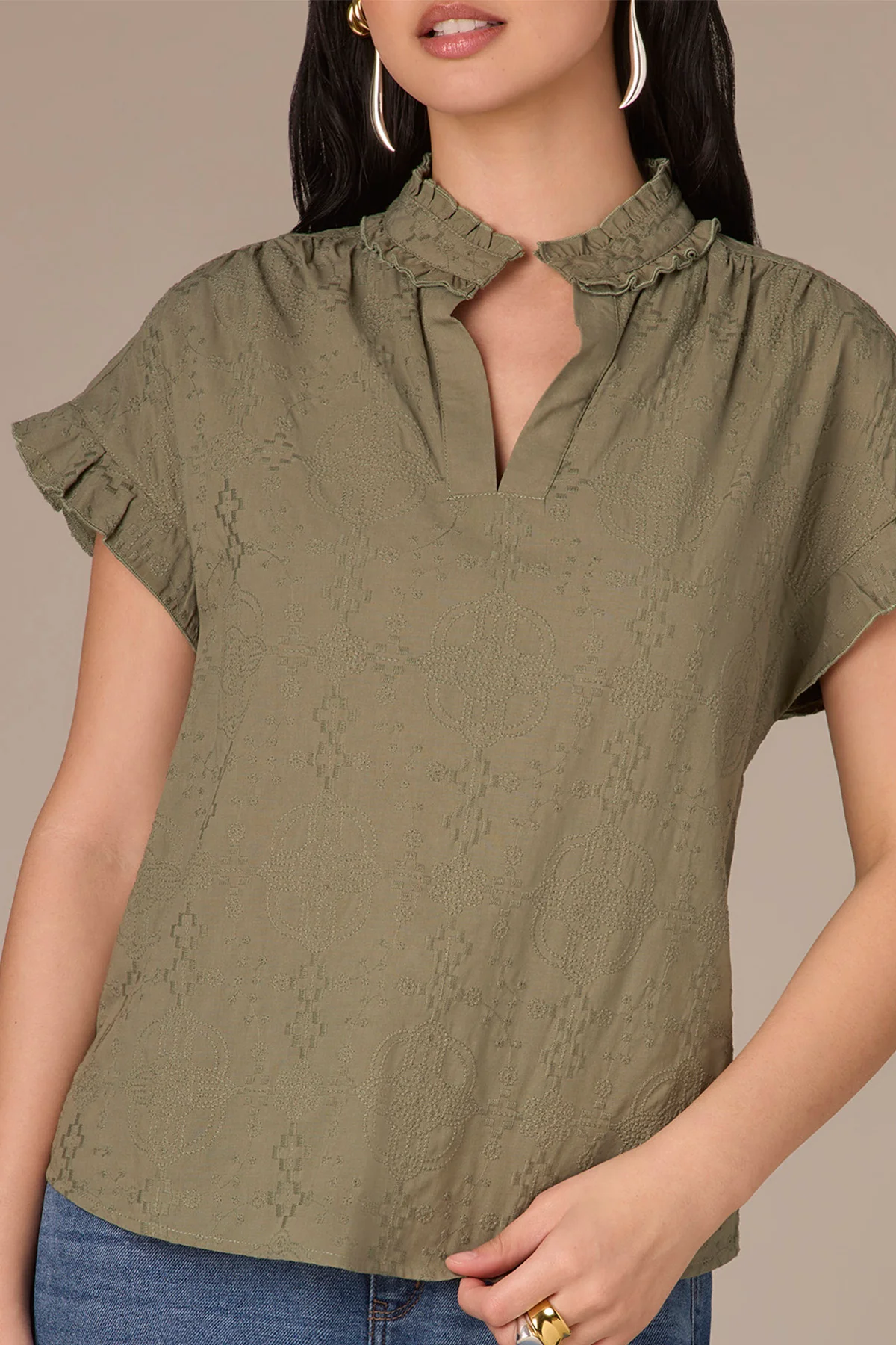 Cap Flutter Sleeve Split Neck Embroidered Woven Top - Image 14