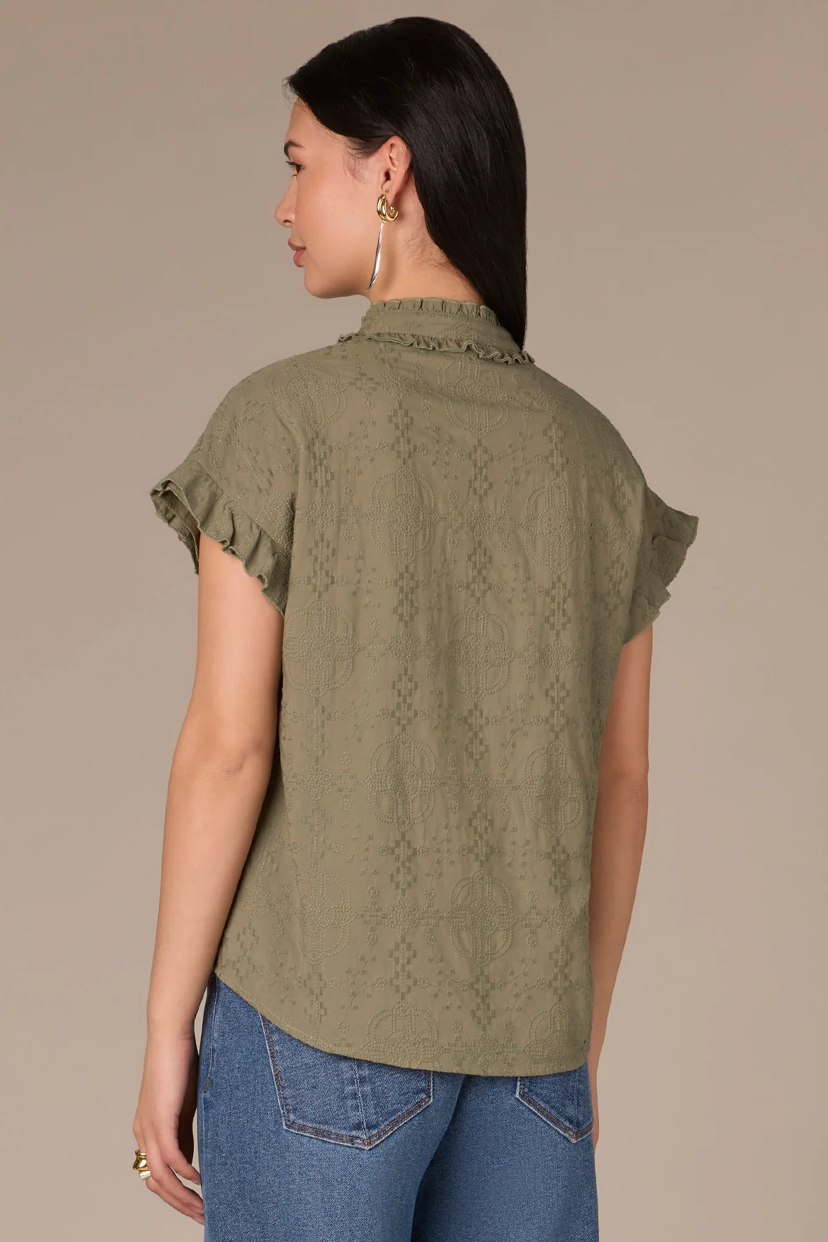 Cap Flutter Sleeve Split Neck Embroidered Woven Top - Image 15