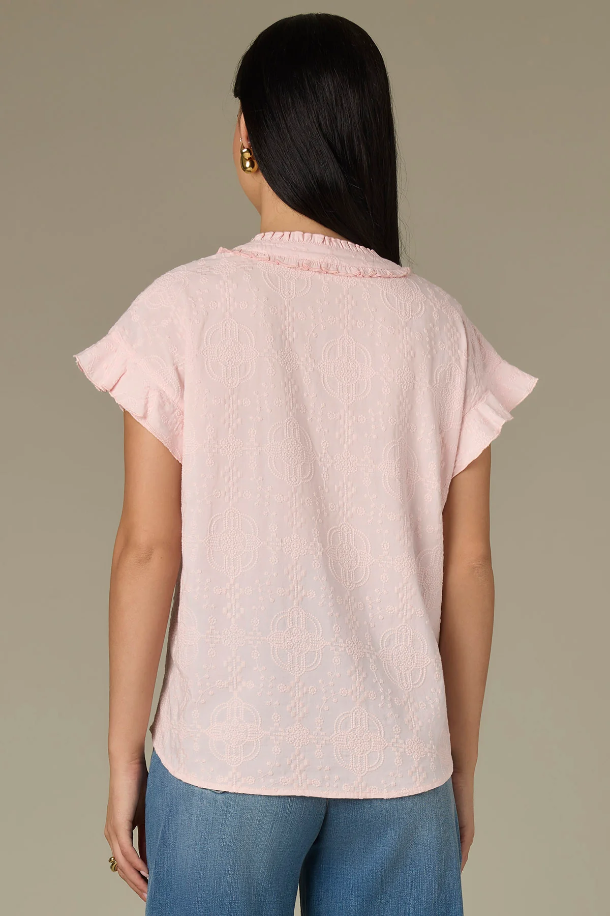 Cap Flutter Sleeve Split Neck Embroidered Woven Top - Image 3