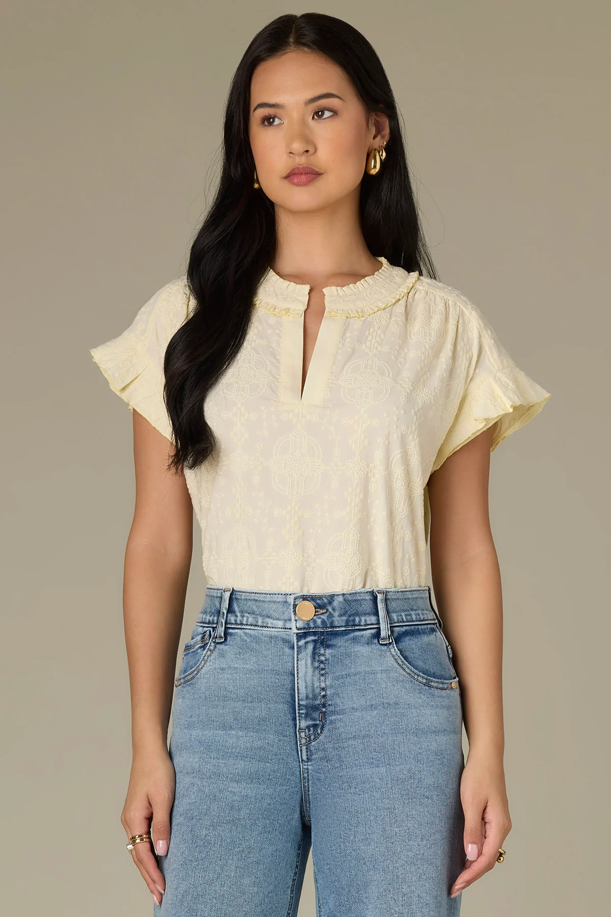 Cap Flutter Sleeve Split Neck Embroidered Woven Top - Image 5