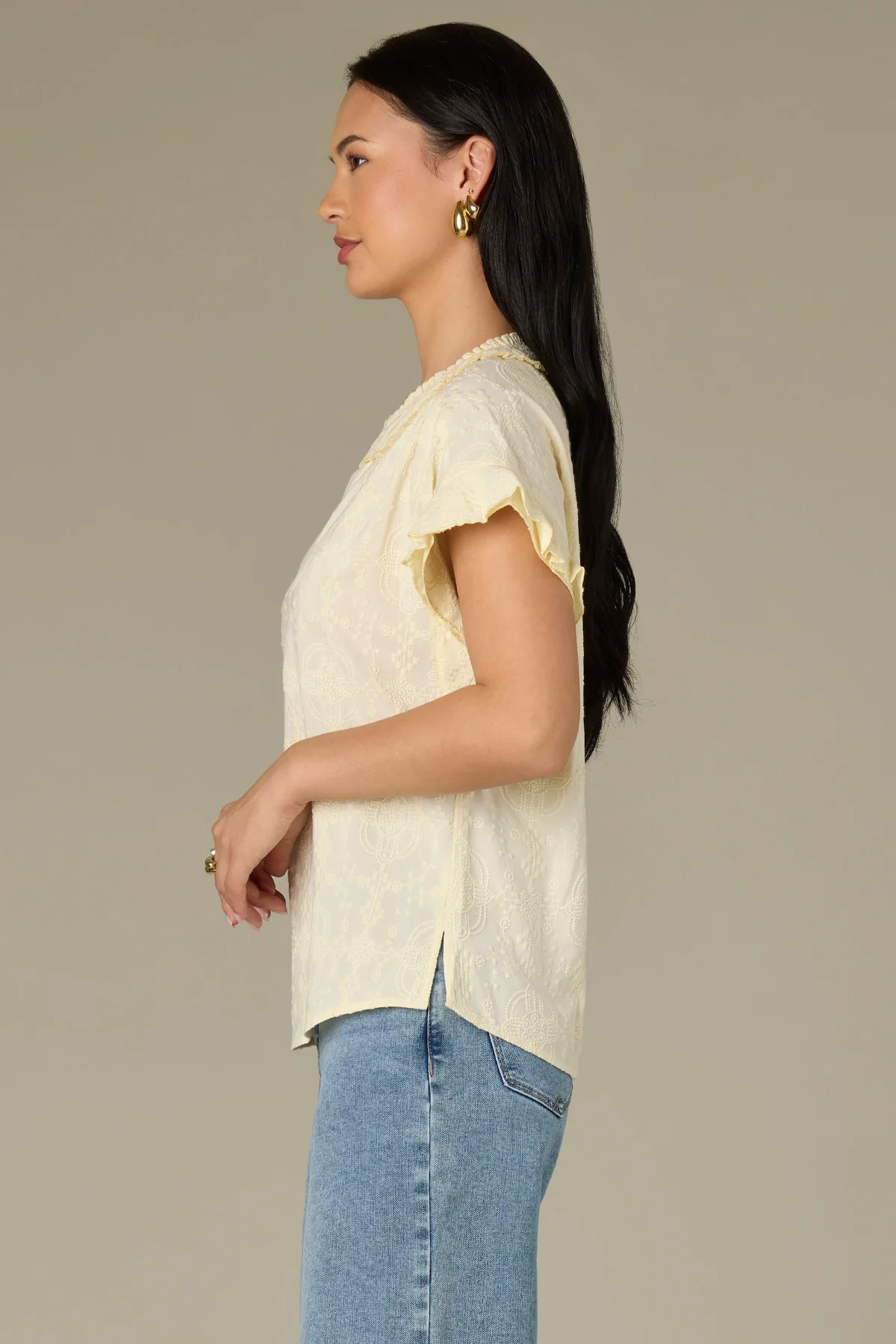 Cap Flutter Sleeve Split Neck Embroidered Woven Top - Image 6