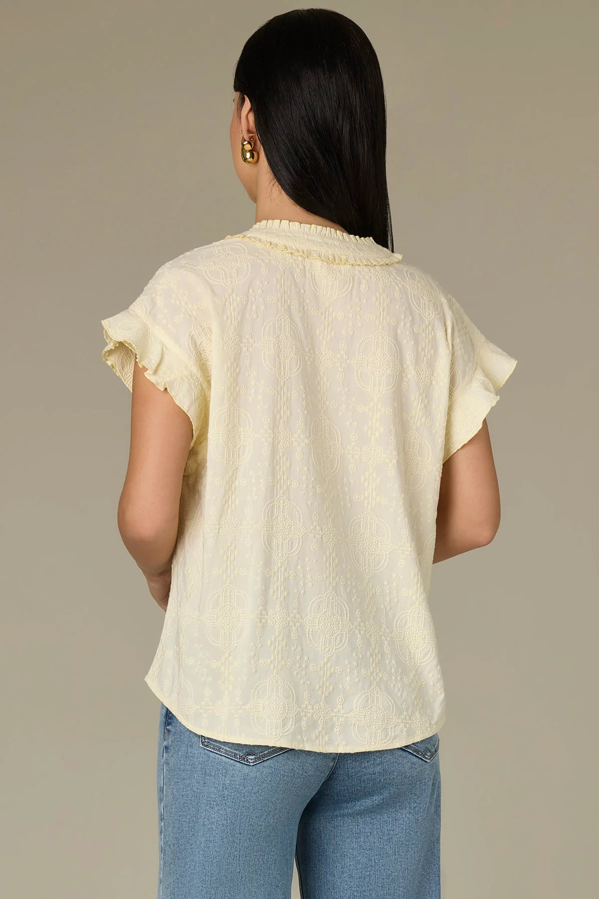 Cap Flutter Sleeve Split Neck Embroidered Woven Top - Image 7