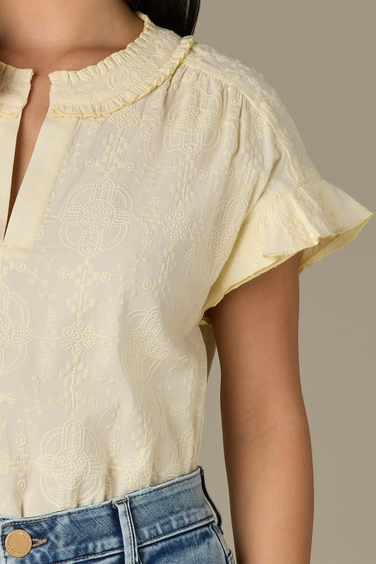 Cap Flutter Sleeve Split Neck Embroidered Woven Top - Image 8