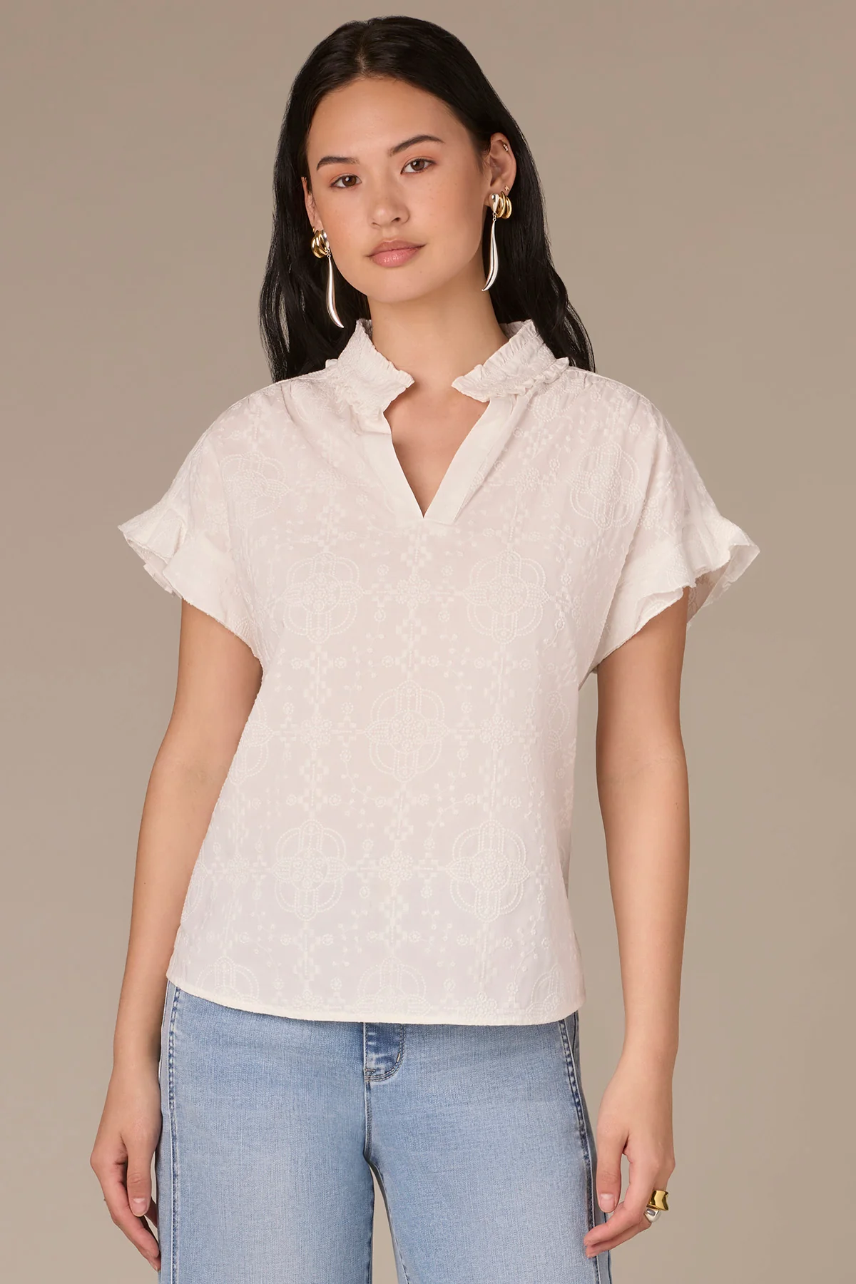 Cap Flutter Sleeve Split Neck Embroidered Woven Top - Image 9
