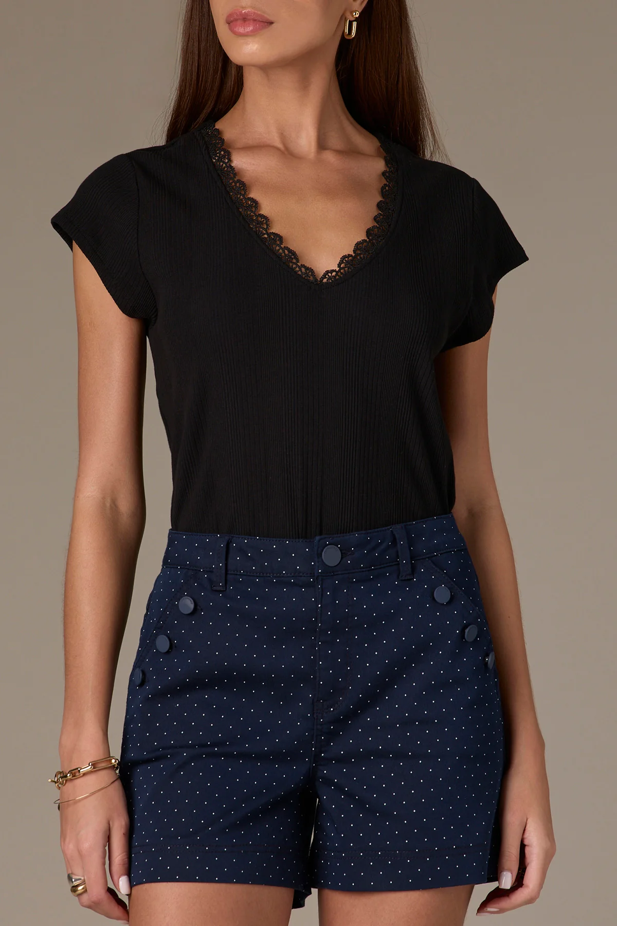 Cap Sleeve Rounded V-Neck Knit Top with Lace Trim - Image 11