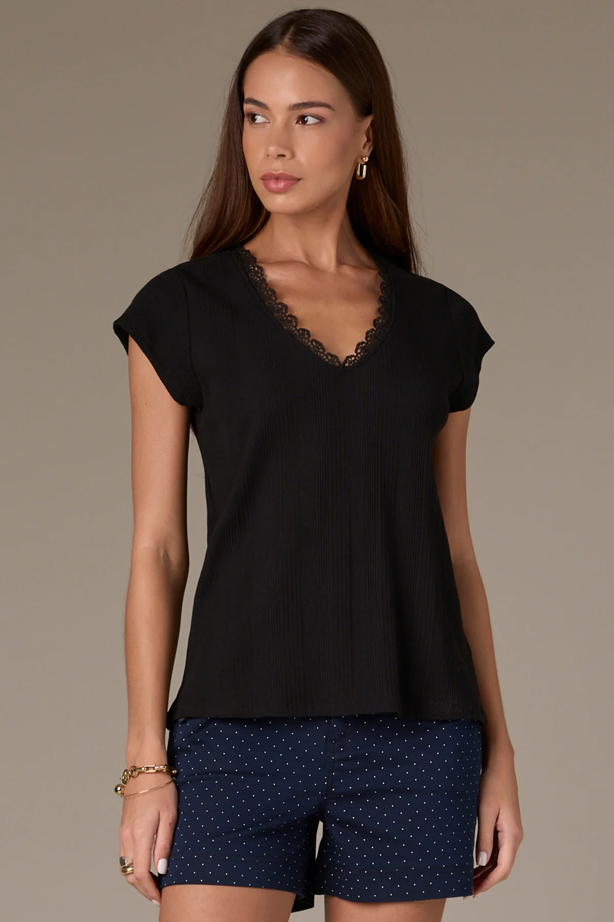 Cap Sleeve Rounded V-Neck Knit Top with Lace Trim - Image 7