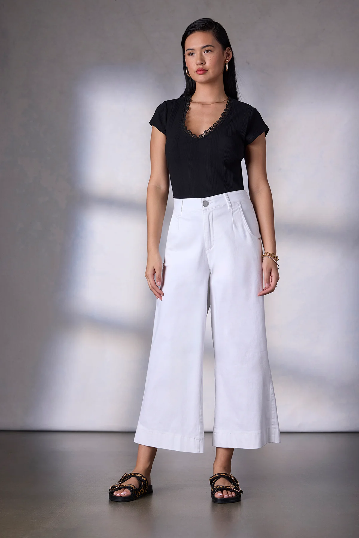 Cap Sleeve Rounded V-Neck Knit Top with Lace Trim - Image 8