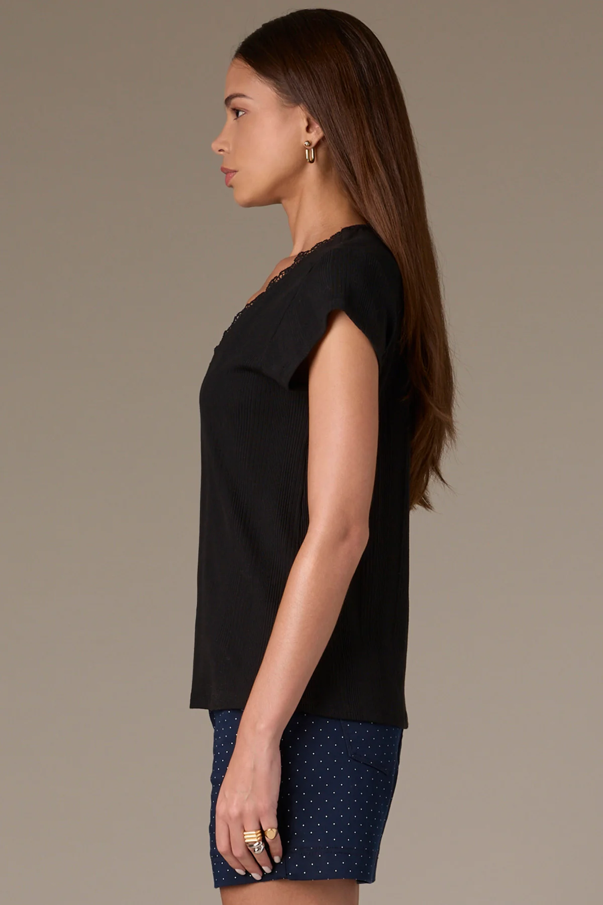 Cap Sleeve Rounded V-Neck Knit Top with Lace Trim - Image 9