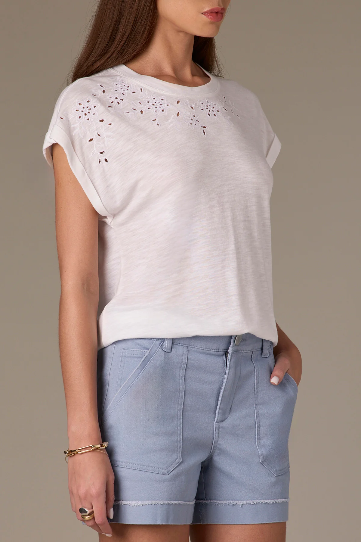Cap Sleeve Scoop Neck Knit Top with Die Cut Embroidery - Image 12