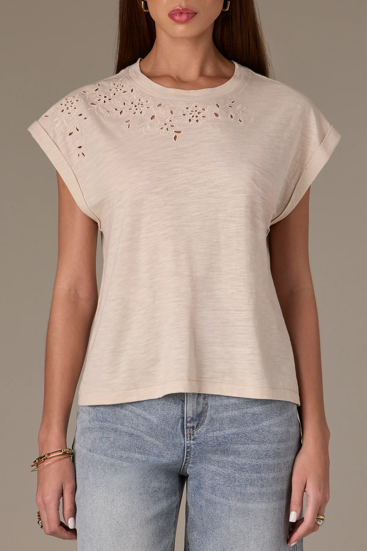 Cap Sleeve Scoop Neck Knit Top with Die Cut Embroidery - Image 16