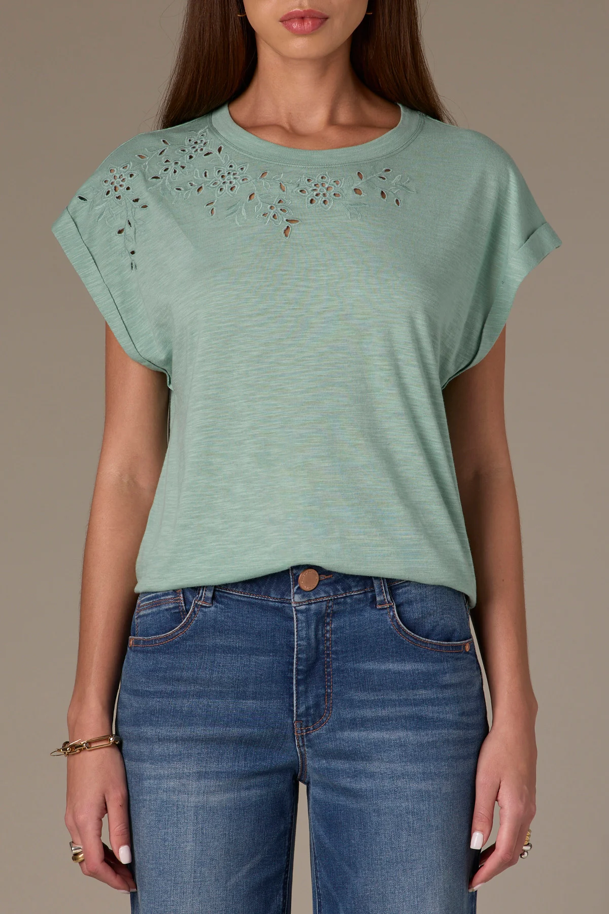 Cap Sleeve Scoop Neck Knit Top with Die Cut Embroidery - Image 21
