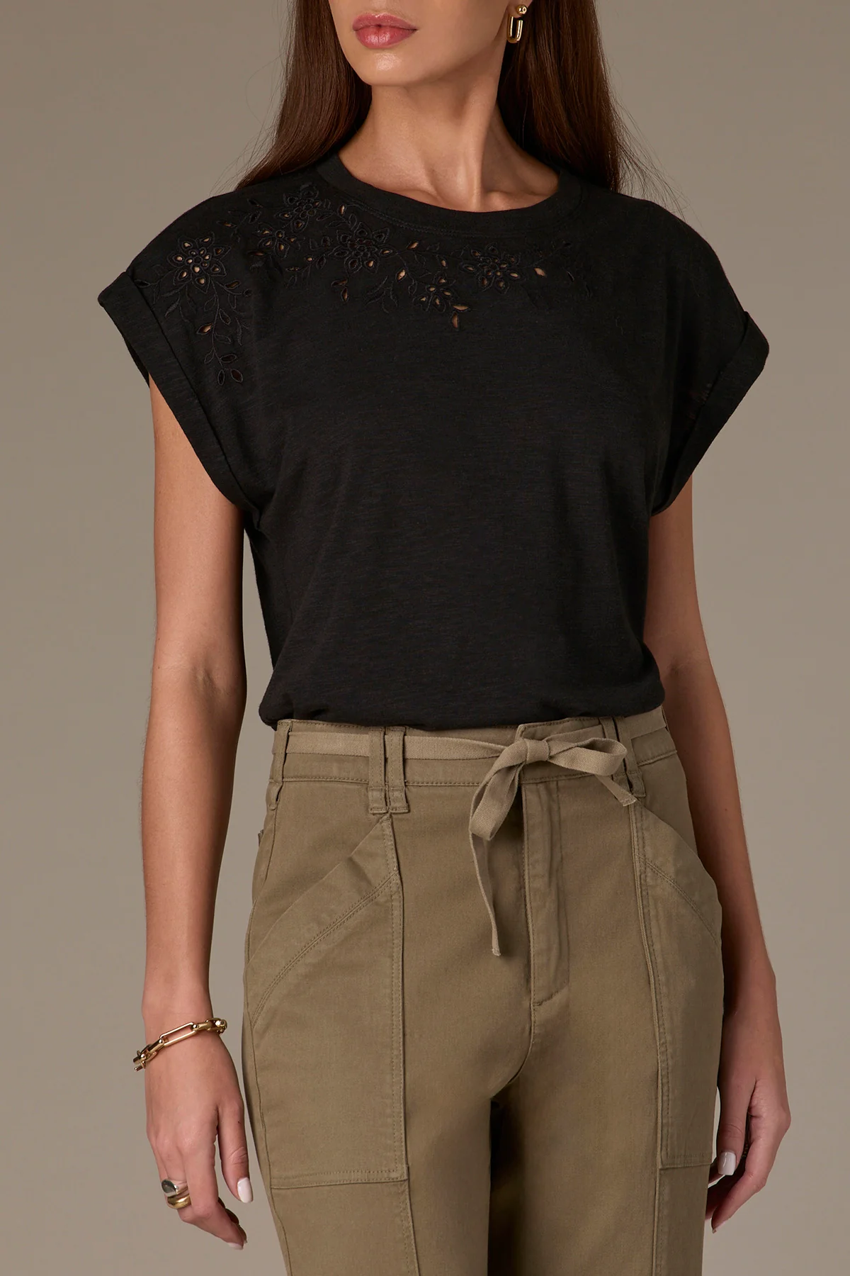 Cap Sleeve Scoop Neck Knit Top with Die Cut Embroidery - Image 6