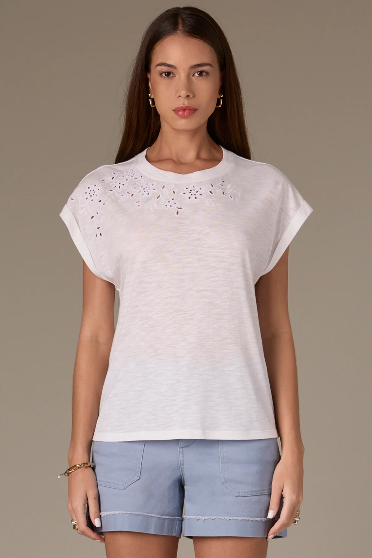 Cap Sleeve Scoop Neck Knit Top with Die Cut Embroidery - Image 7