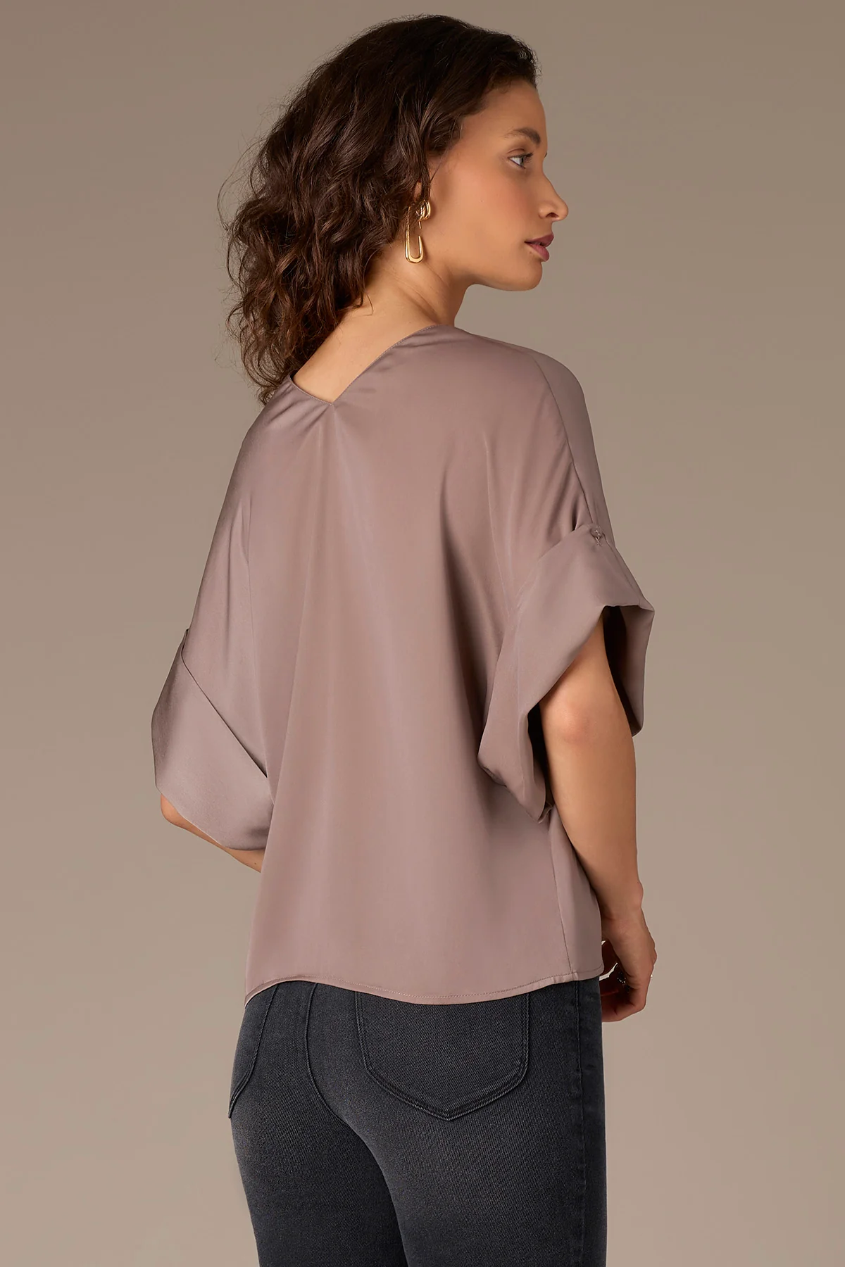 Dolman Sleeve V-Neck Petite Woven Top with Roll Cuffs - Image 3