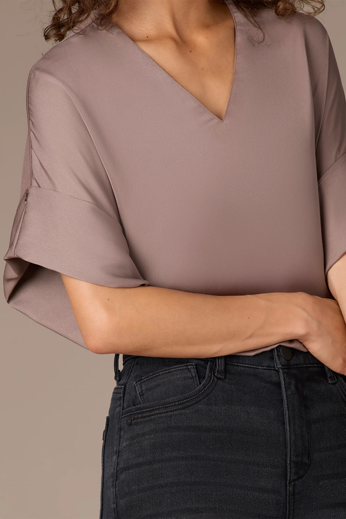 Dolman Sleeve V-Neck Petite Woven Top with Roll Cuffs - Image 4