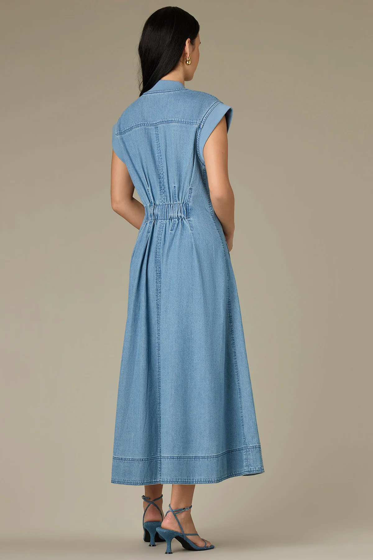 Extended Shoulder High Neck Zip Front Pleated Midi Petite Denim Dress - Image 3