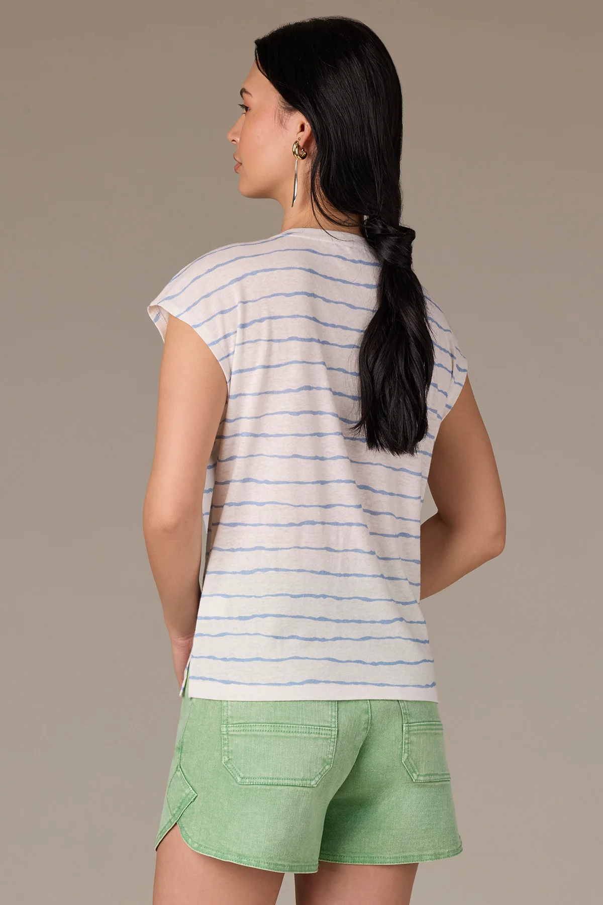 Extended Shoulder Sleeve Scoop Neck Slit Hem Stripe Print Knit Top - Image 10