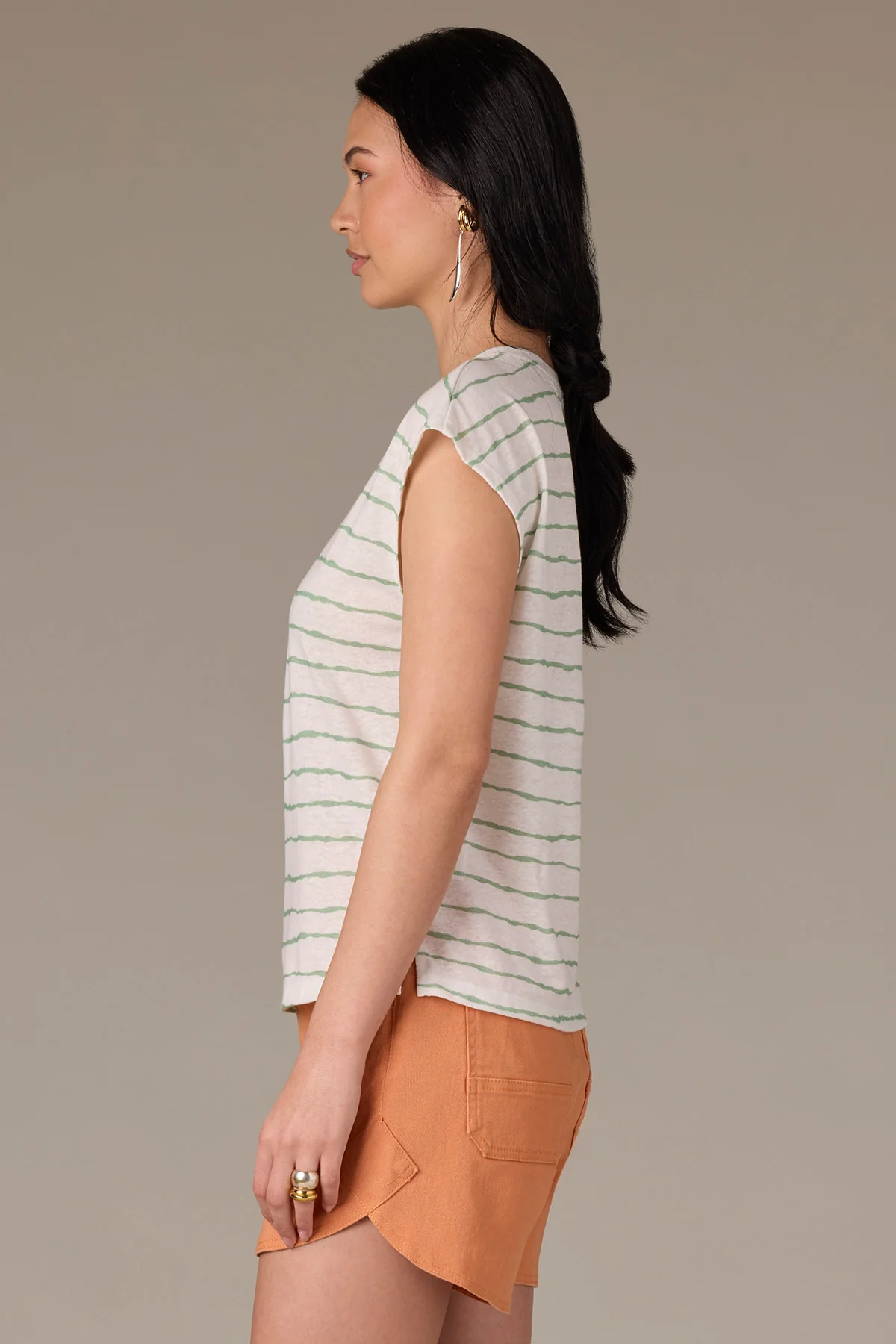 Extended Shoulder Sleeve Scoop Neck Slit Hem Stripe Print Knit Top - Image 13